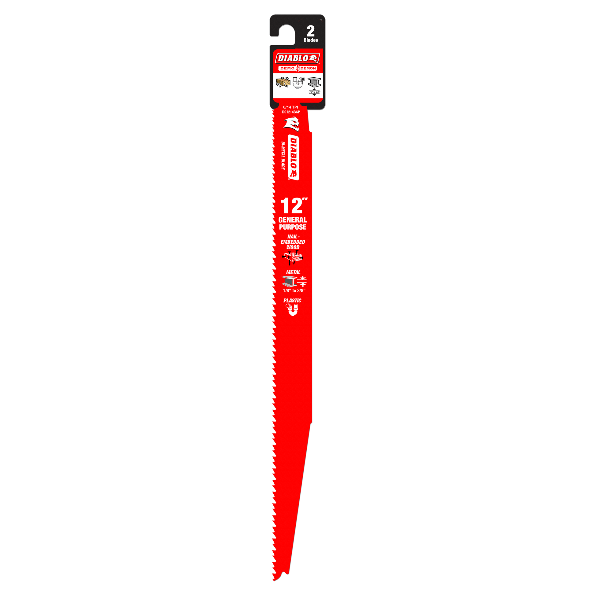 Two red bi-metal reciprocating saw blades, 12 inches long, with serrated cutting edges and mounting hooks.