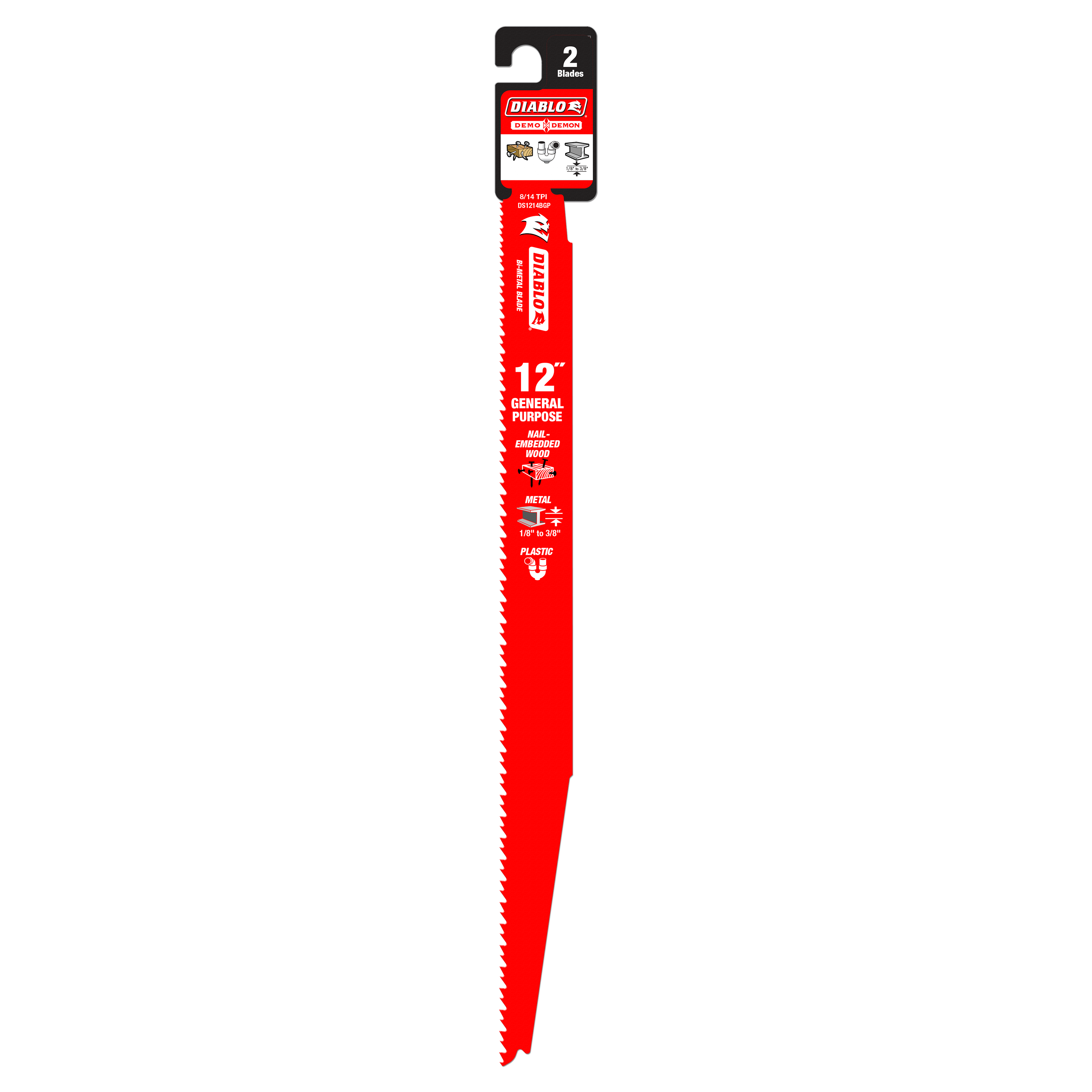Two red bi-metal reciprocating saw blades, 12 inches long, with serrated cutting edges and mounting hooks.