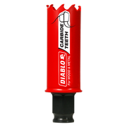 Red Diablo carbide-tipped holesaw with jagged cutting edges and black shank, labeled for wood and metal cutting.