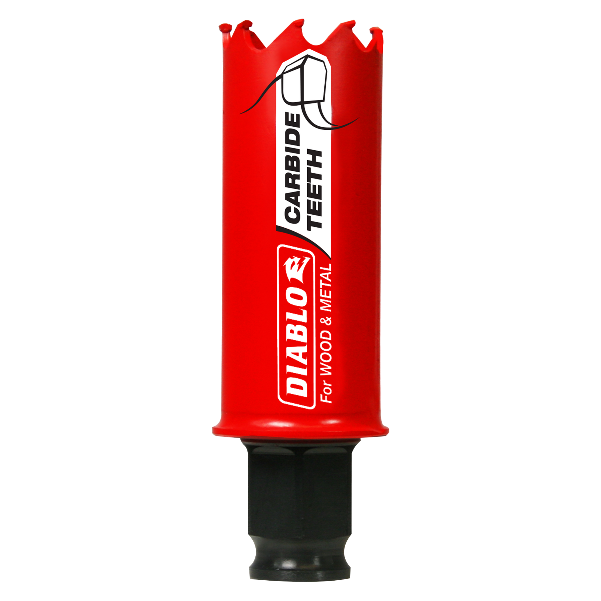 Red Diablo carbide-tipped holesaw with jagged cutting edges and black shank, labeled for wood and metal cutting.