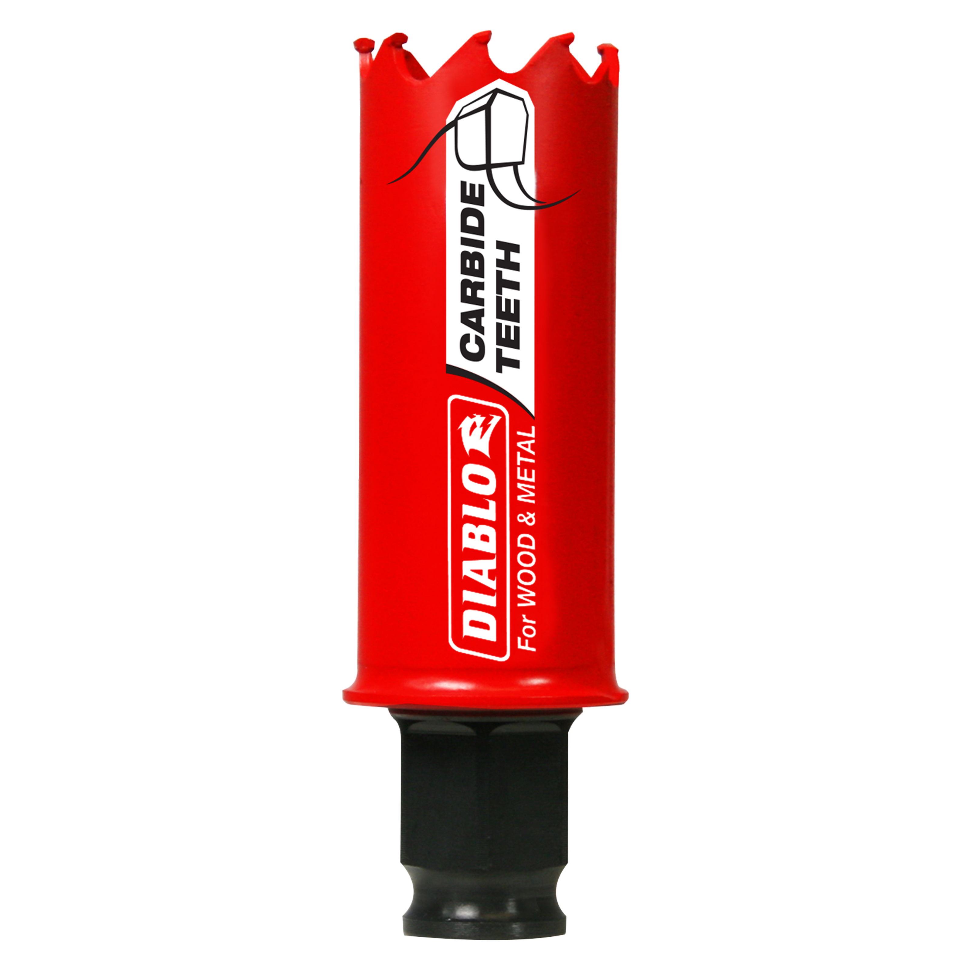 Red Diablo carbide-tipped holesaw with jagged cutting edges and black shank, labeled for wood and metal cutting.