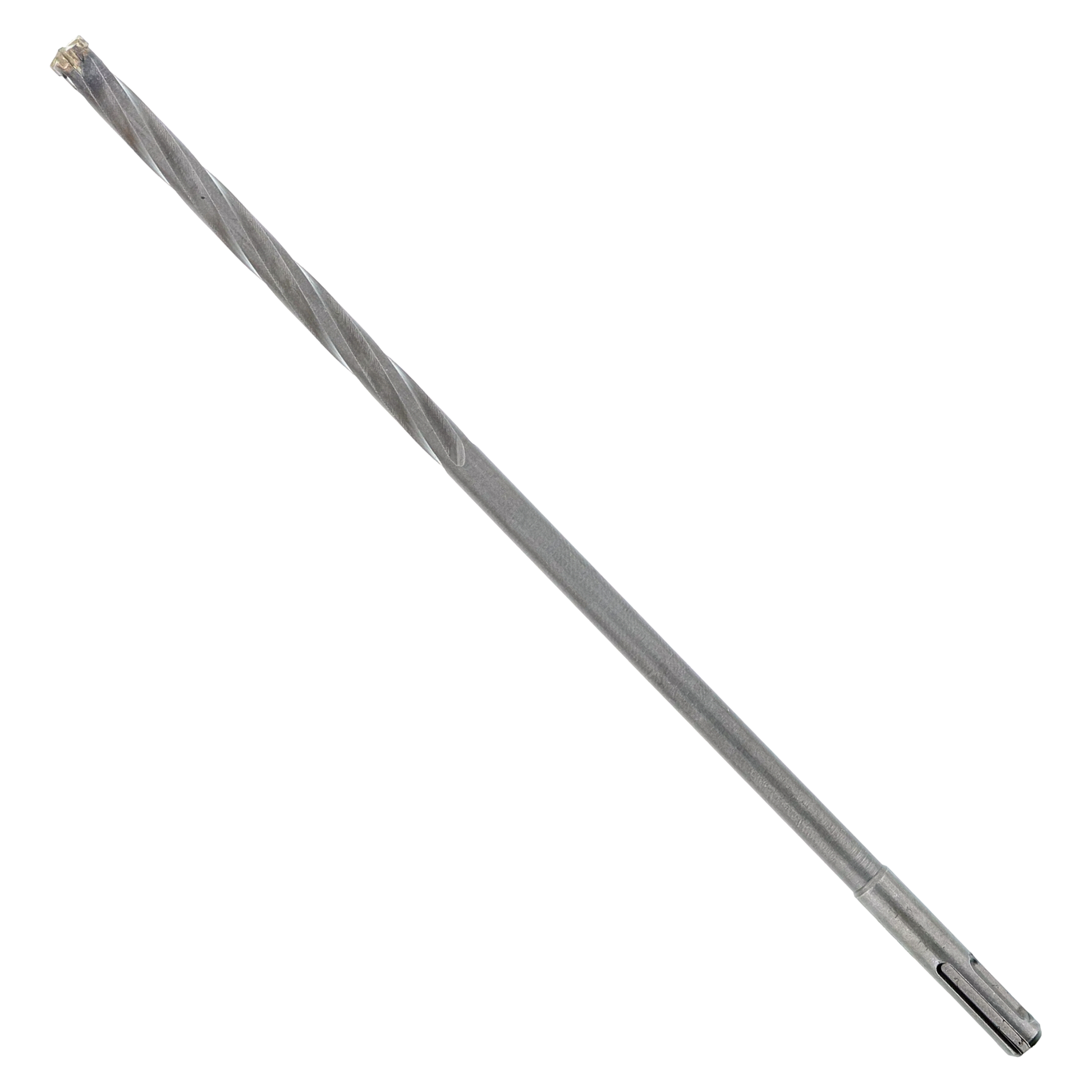 Long gray metal rebar cutter bit with spiral flutes and SDS-Plus shank on white background.