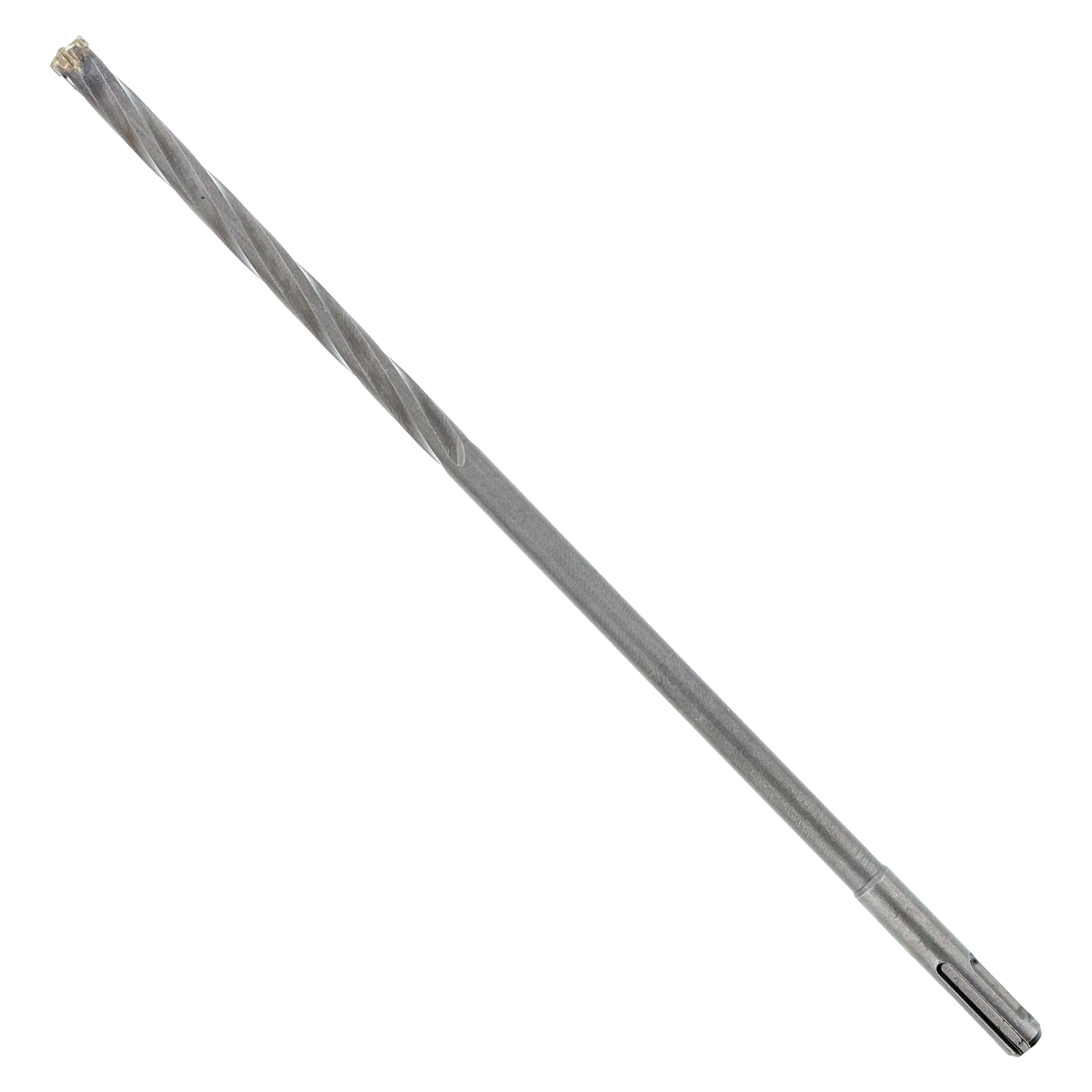 Long gray metal rebar cutter bit with spiral flutes and SDS-Plus shank on white background.