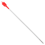 Red spade bit with gray shaft and pointed tip for drilling holes in wood.