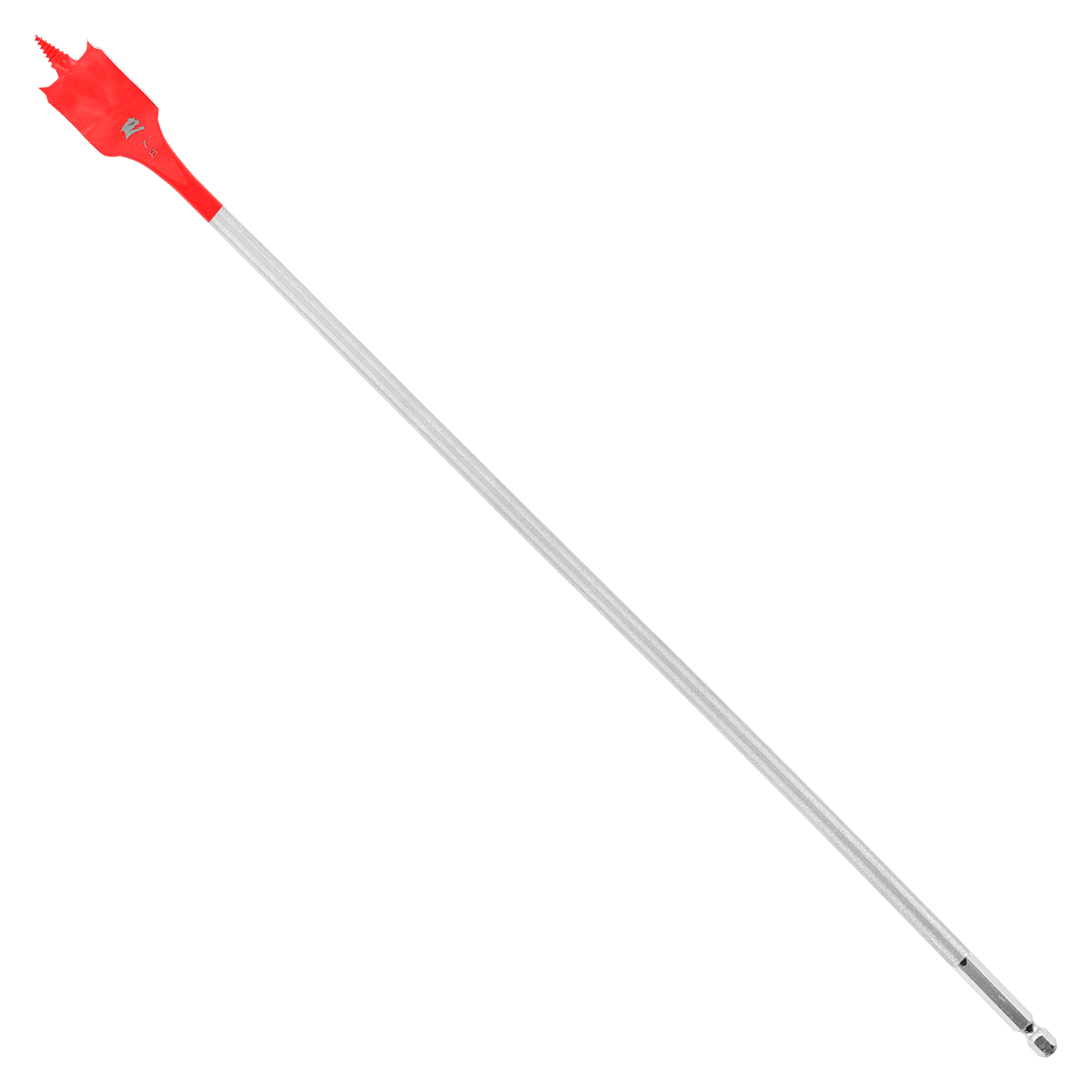 Red spade bit with gray shaft and pointed tip for drilling holes in wood.