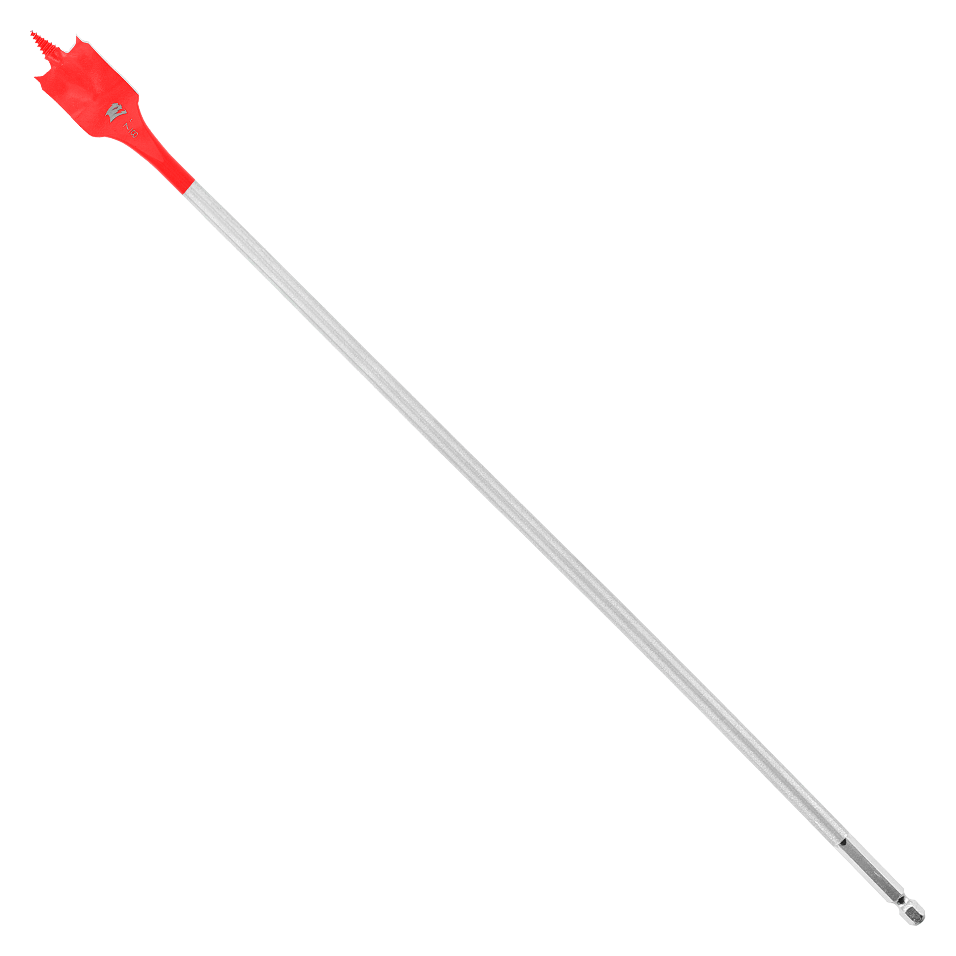 Red spade bit with gray shaft and pointed tip for drilling holes in wood.