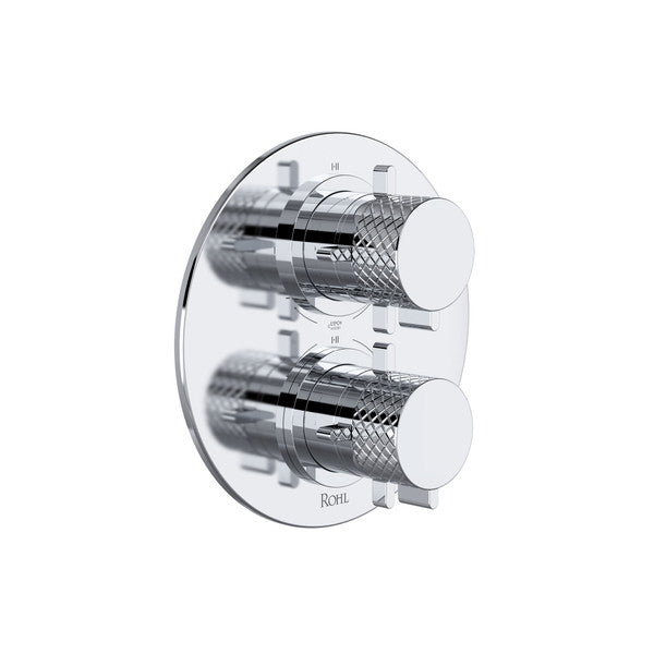 Polished chrome shower valve trim with dual circular handles and thermostatic pressure balance controls on round escutcheon p