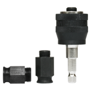 Three black mandrel components with metal threaded sections displayed left to right in increasing size.