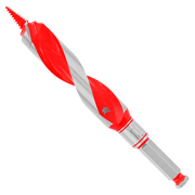 Red and gray auger bit with spiral flutes and pointed tip for wood drilling.