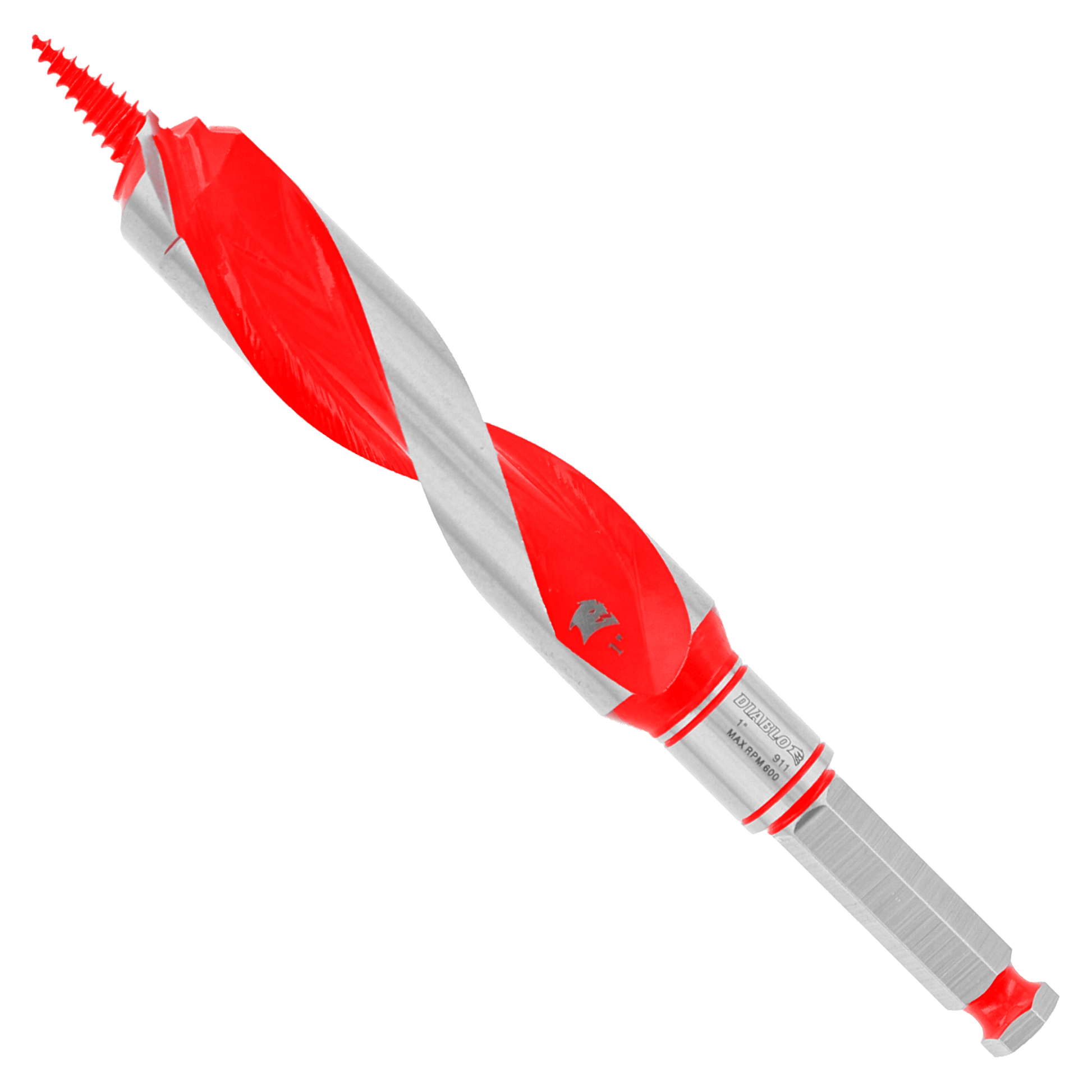 Red and gray auger bit with spiral flutes and pointed tip for wood drilling.
