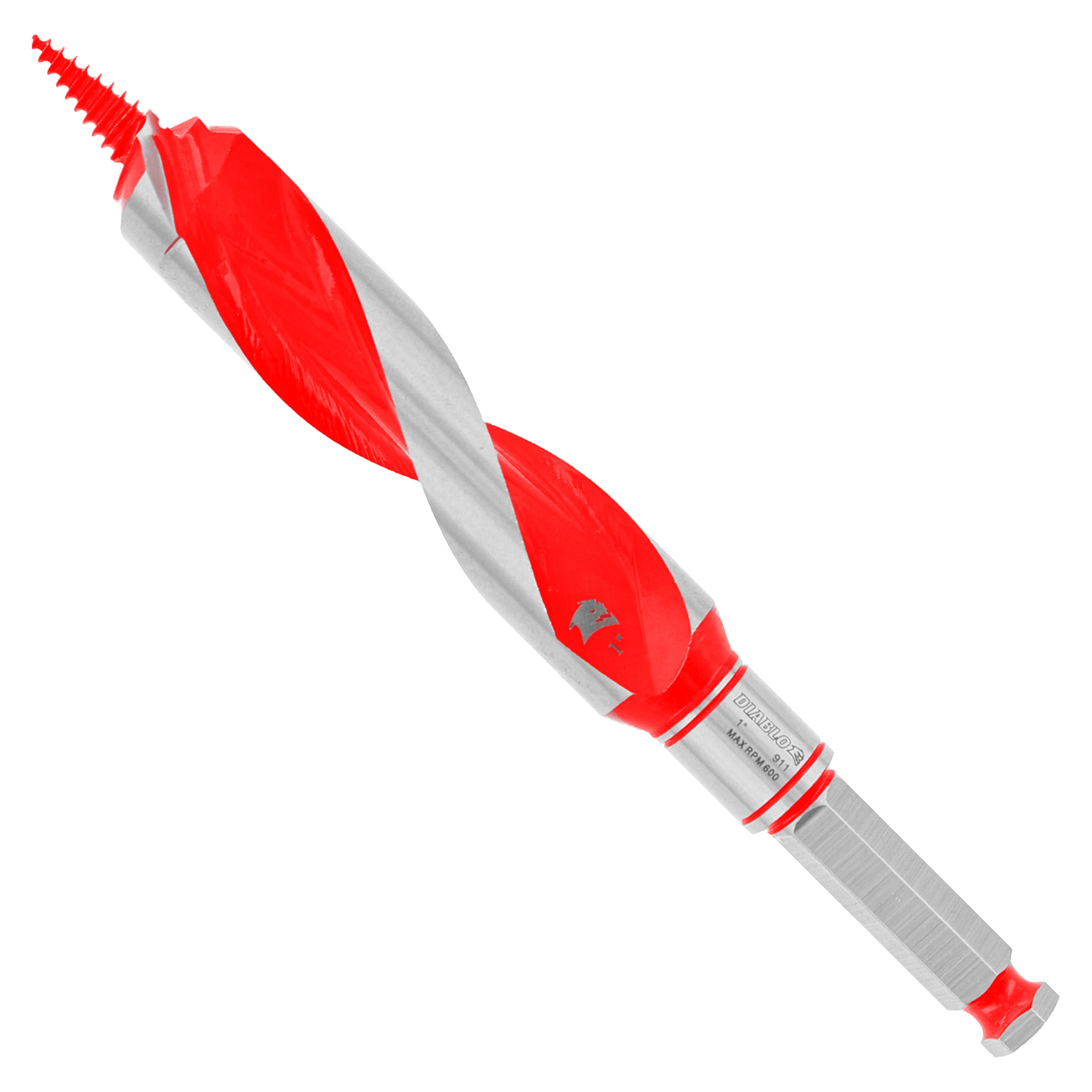 Red and gray auger bit with spiral flutes and pointed tip for wood drilling.