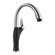 Stainless steel kitchen faucet with coal black handle and curved pull-down spout.