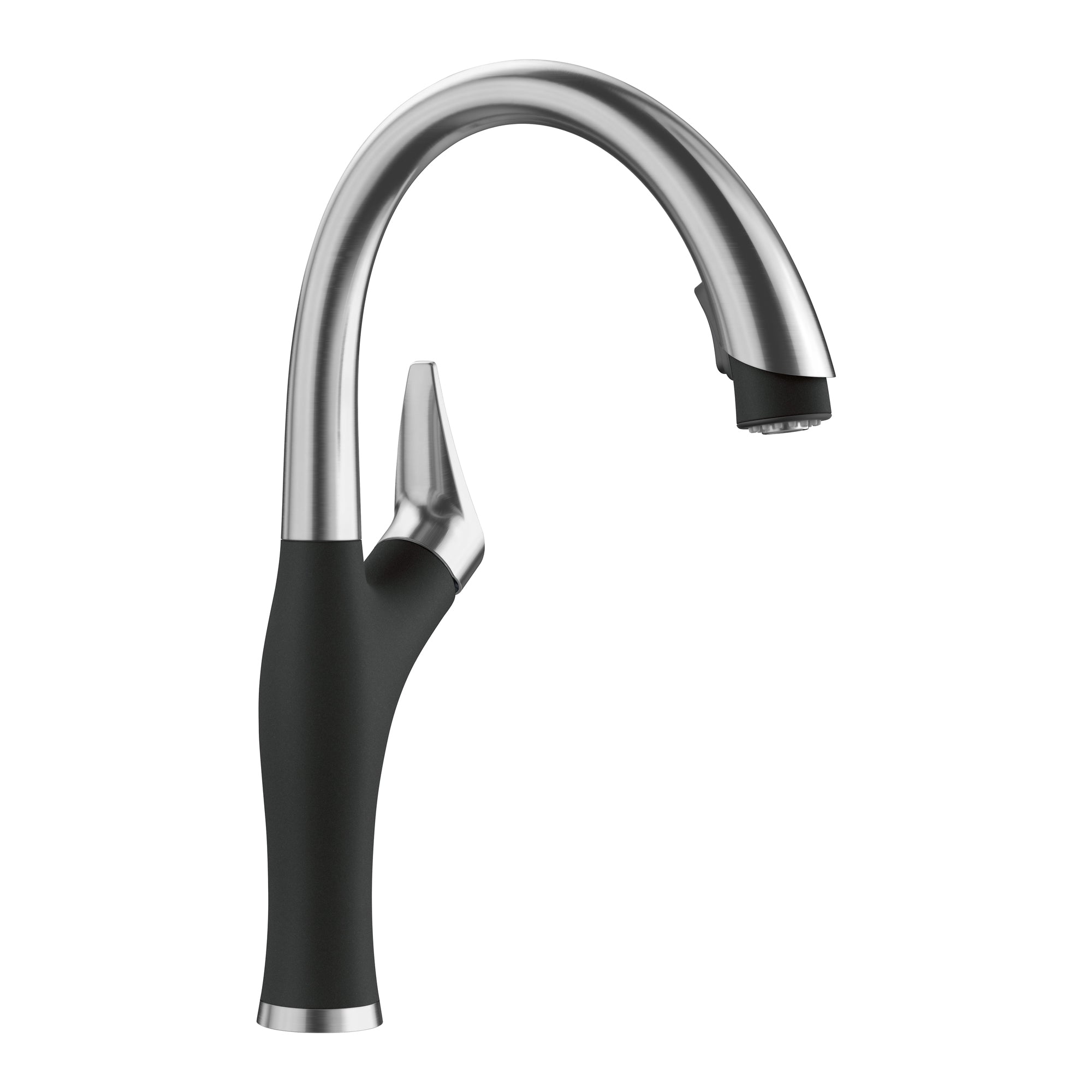 Stainless steel kitchen faucet with coal black handle and curved pull-down spout.