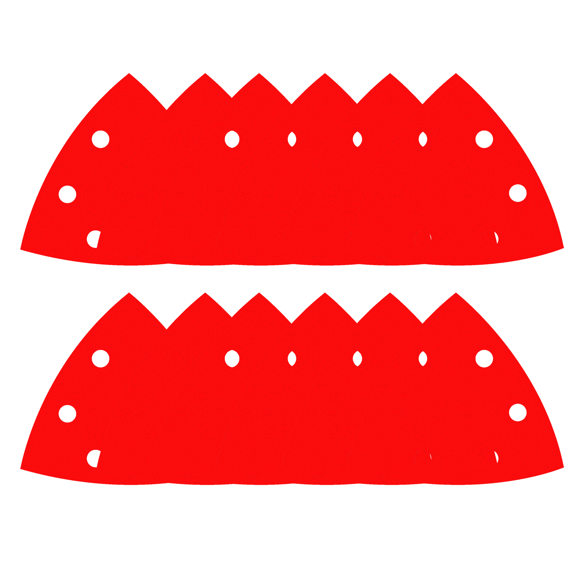 Two red triangular oscillating sanding sheets with white mounting holes arranged in rows.