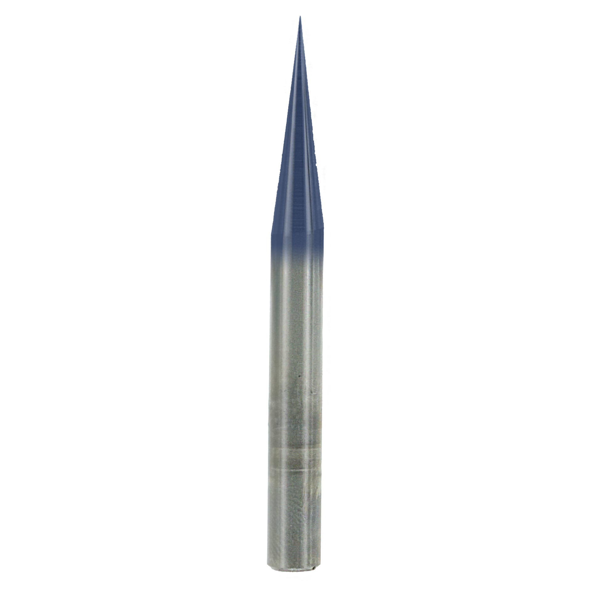 Freud V-groove engraving bit with pointed tip, metallic shaft, and blue coating on upper section.