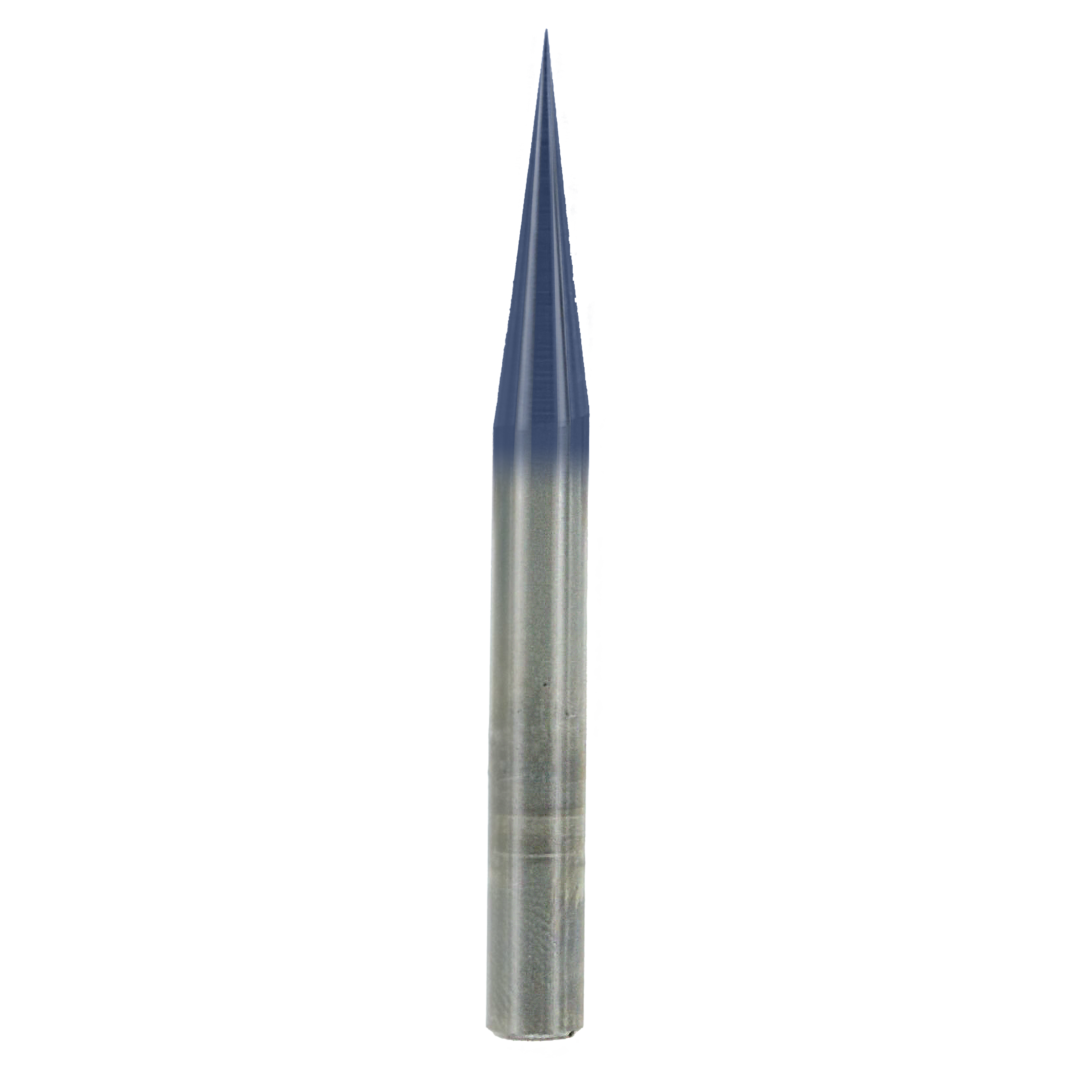 Freud V-groove engraving bit with pointed tip, metallic shaft, and blue coating on upper section.
