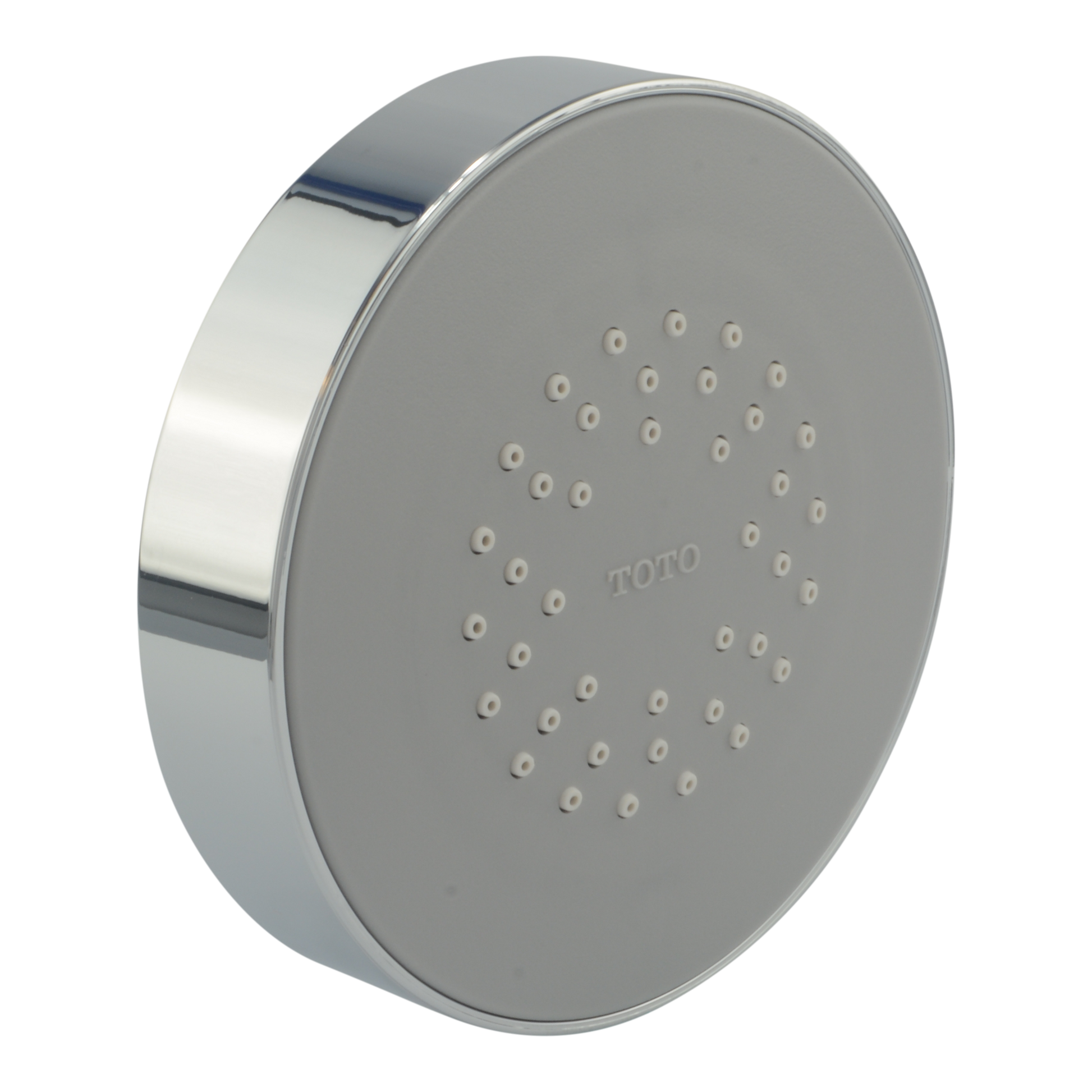Polished chrome circular shower head with multiple spray holes and chrome mounting bracket.