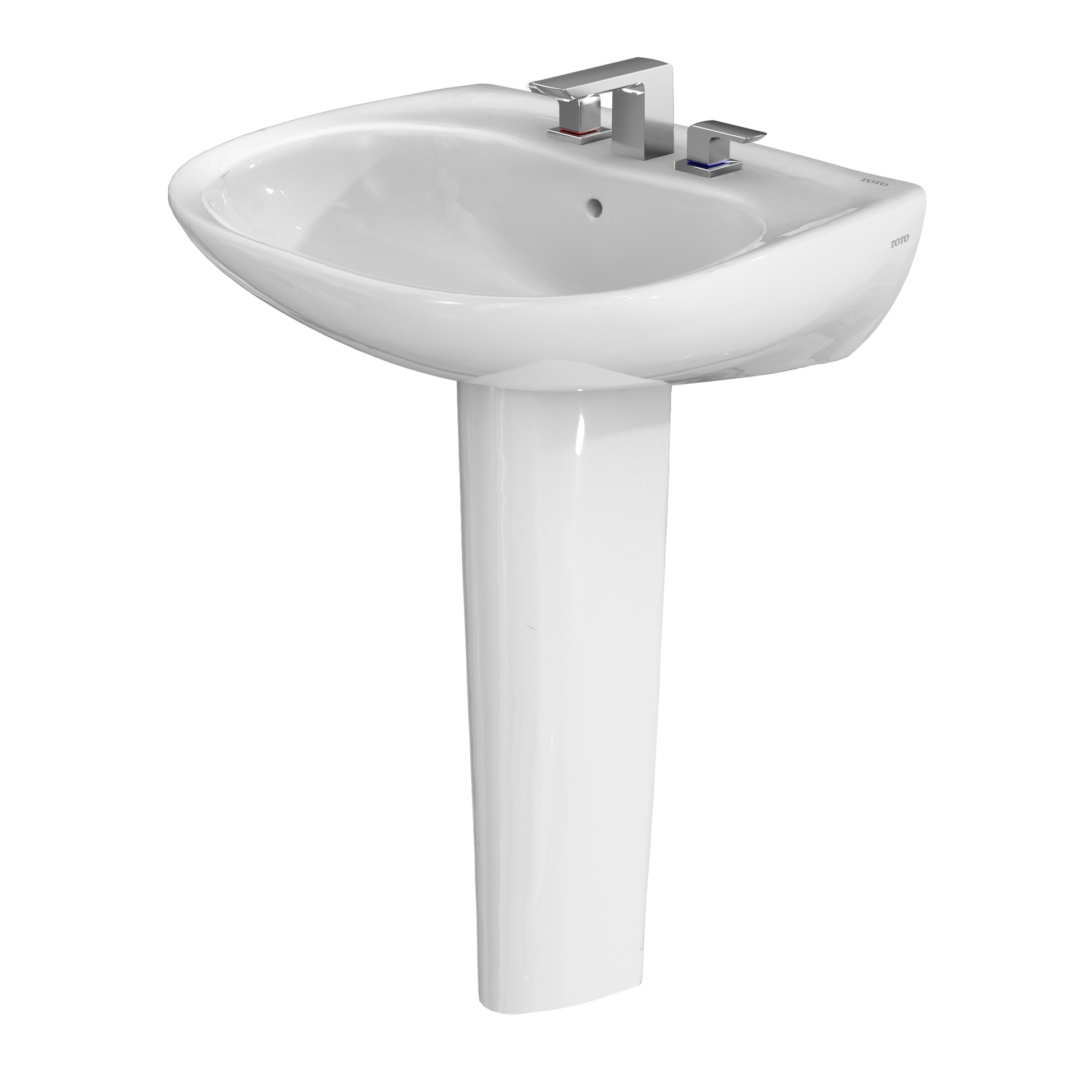 White oval pedestal sink with chrome faucet fixtures and shroud for 8-inch center mounting.