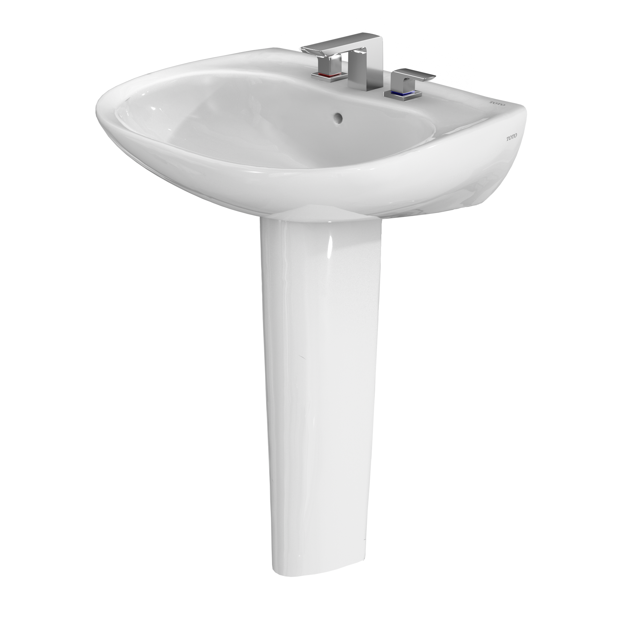 White oval pedestal sink with chrome faucet fixtures and shroud for 8-inch center mounting.