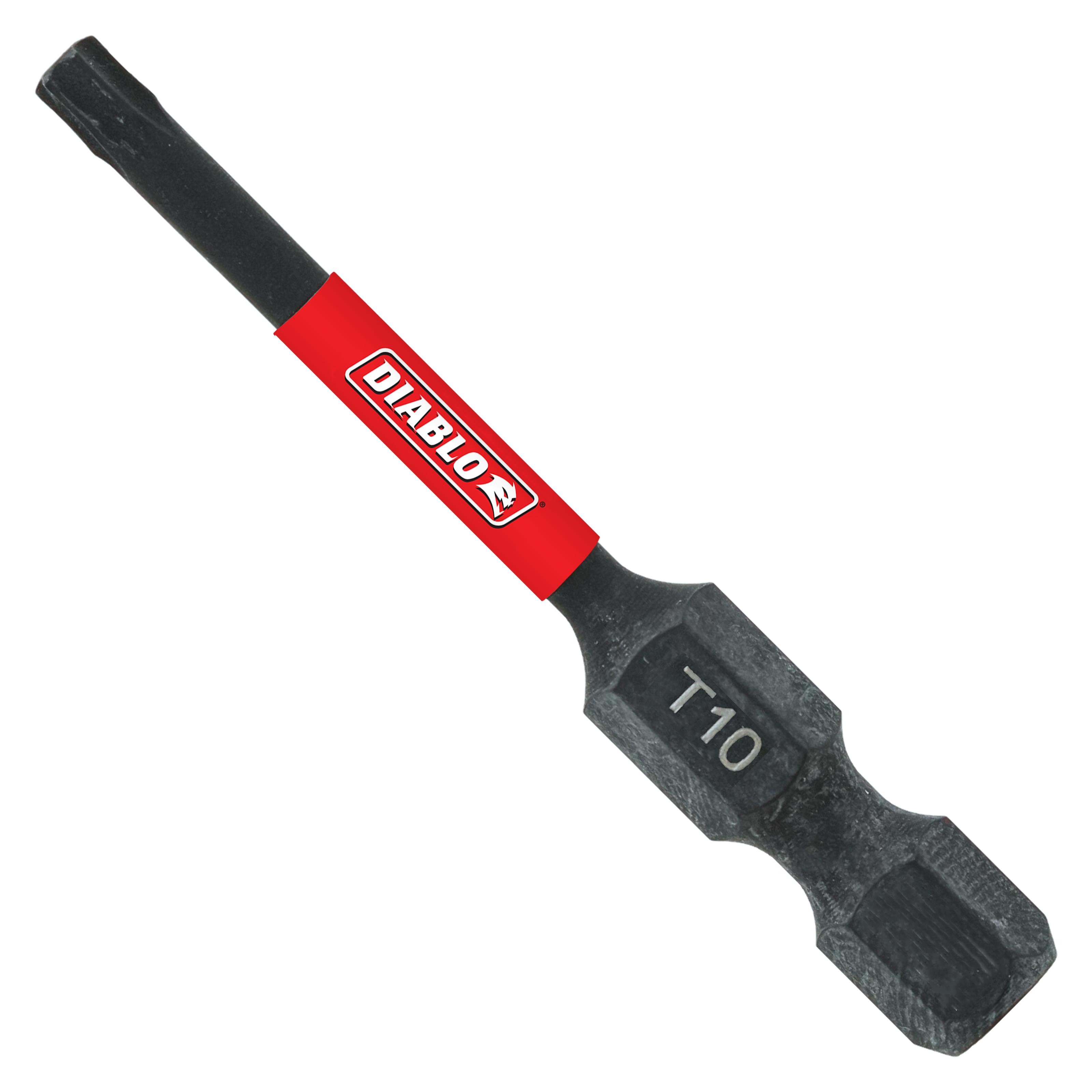 Black Diablo T10 Torx drive bit with red band and black grip sleeve on 2-inch shaft.