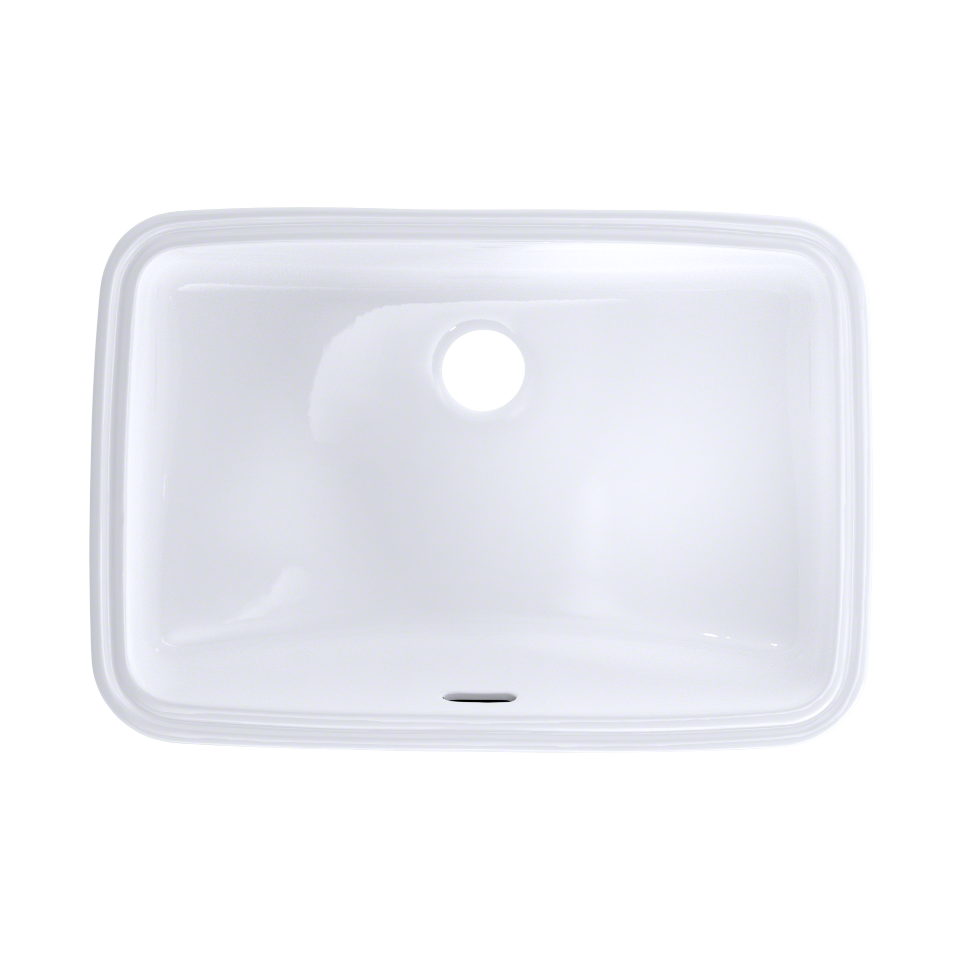 White rectangular undermount bathroom sink with rounded corners and single faucet hole.