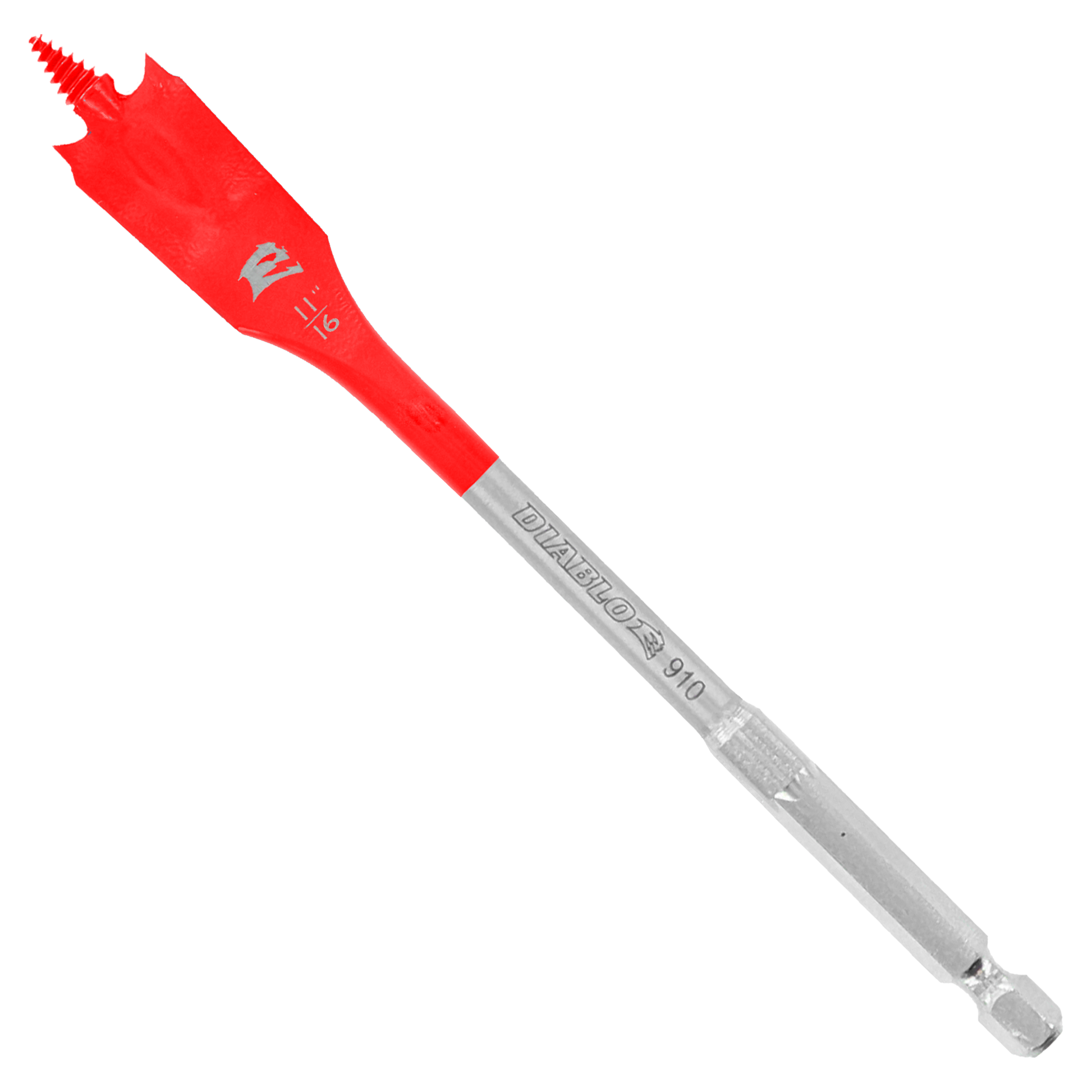 Red and gray Diablo spade bit with flat paddle head and metal shaft against white background.