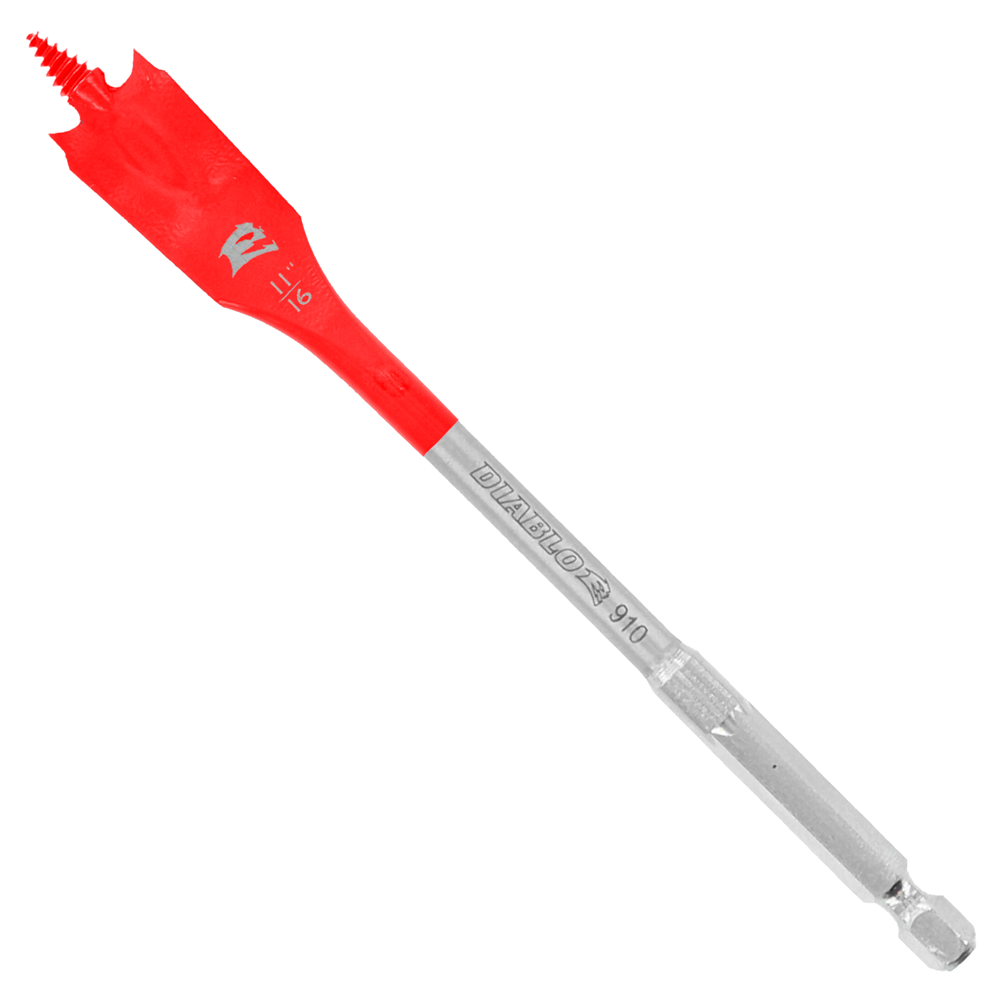Red and gray Diablo spade bit with flat paddle head and metal shaft against white background.