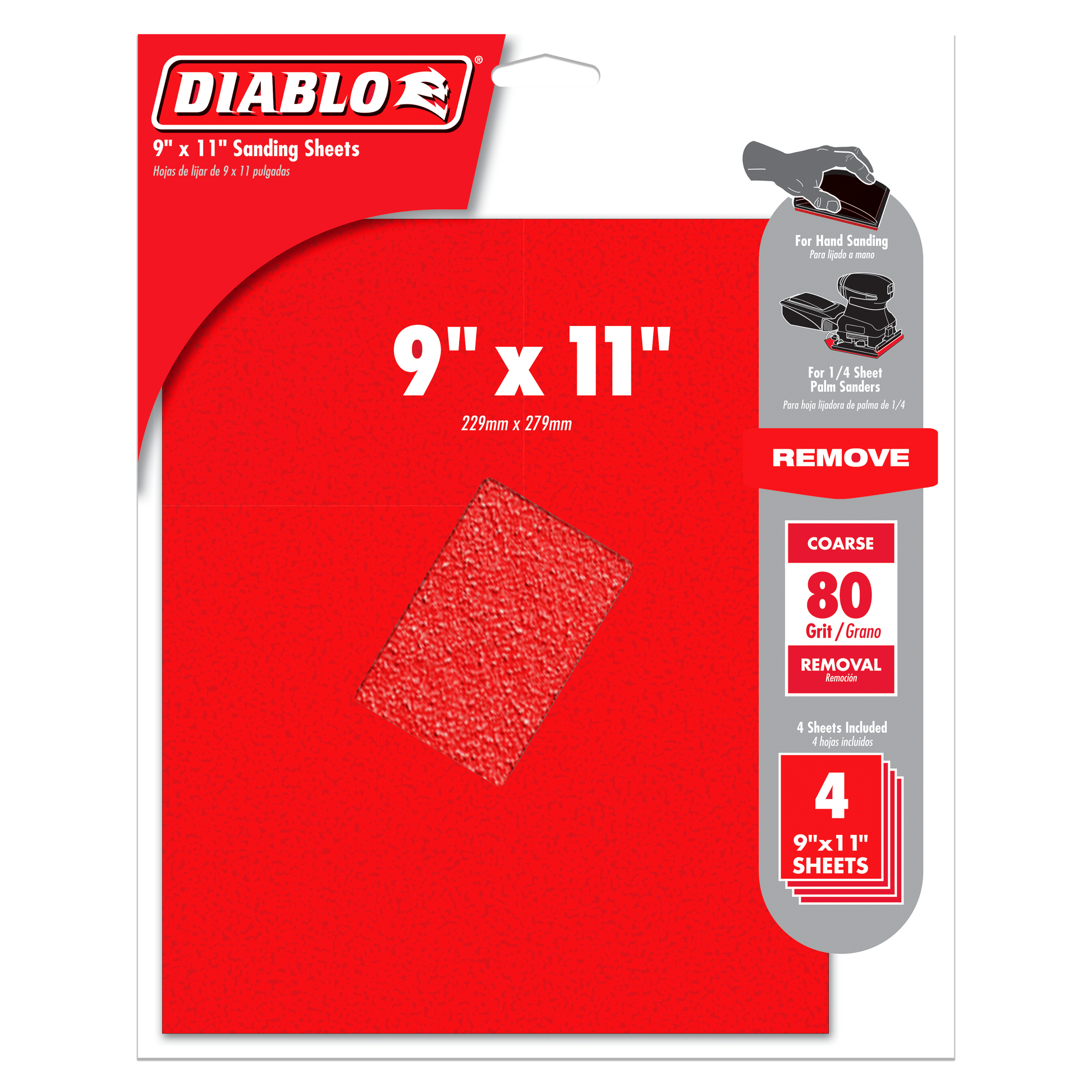 Red Diablo brand 9" x 11" coarse 80-grit sanding sheets in 4-pack displayed on packaging.