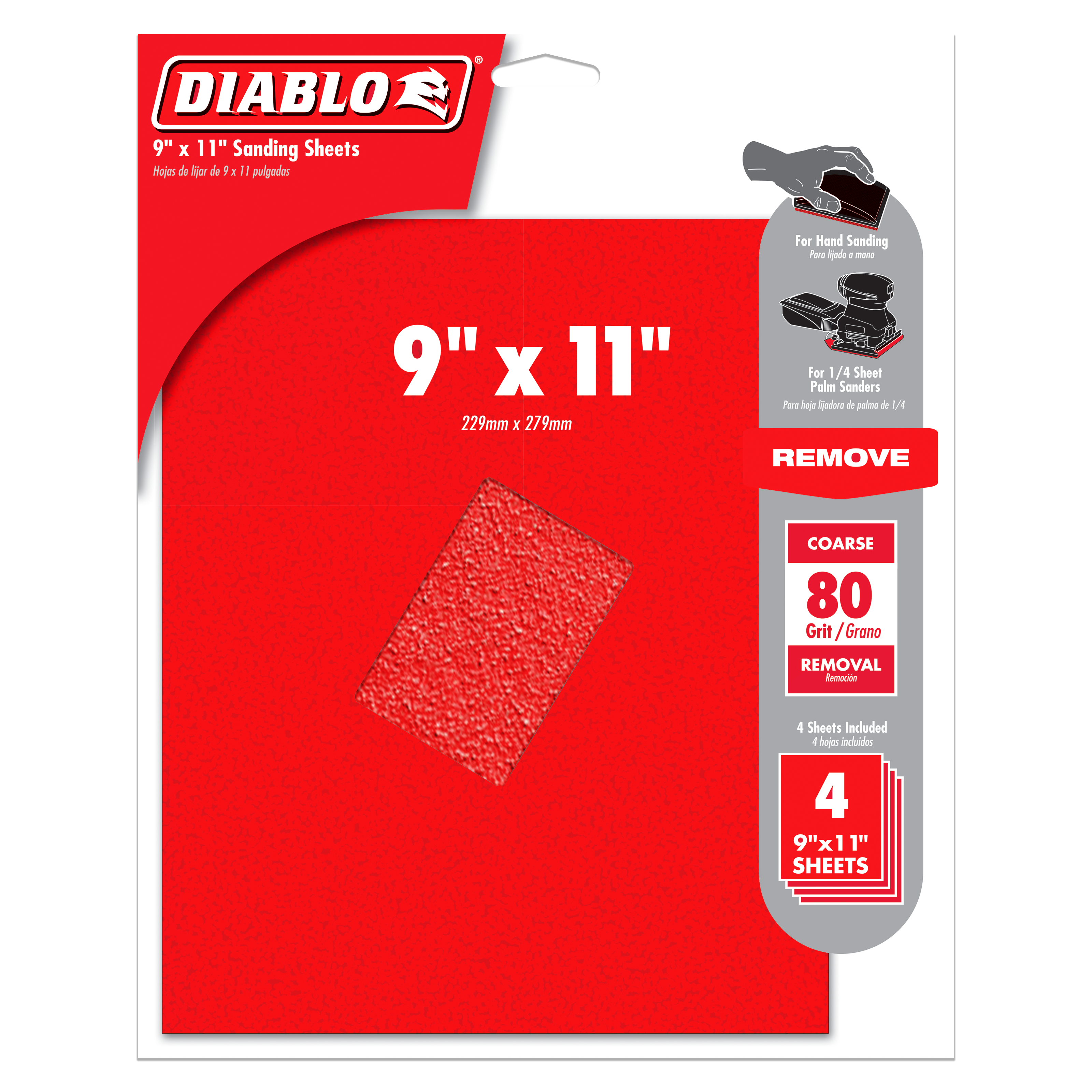 Red Diablo brand 9" x 11" coarse 80-grit sanding sheets in 4-pack displayed on packaging.