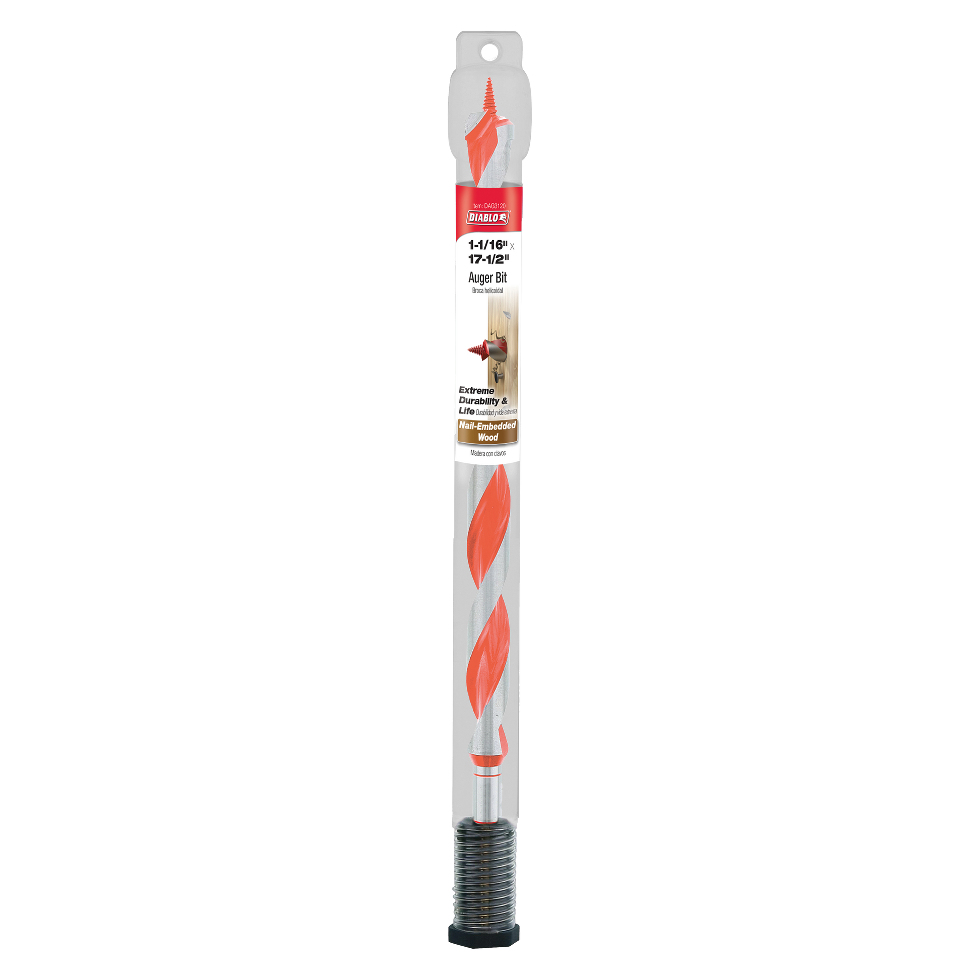 Diablo auger bit with red spiral flutes, gray shaft, threaded tip, and black grip base in clear packaging.