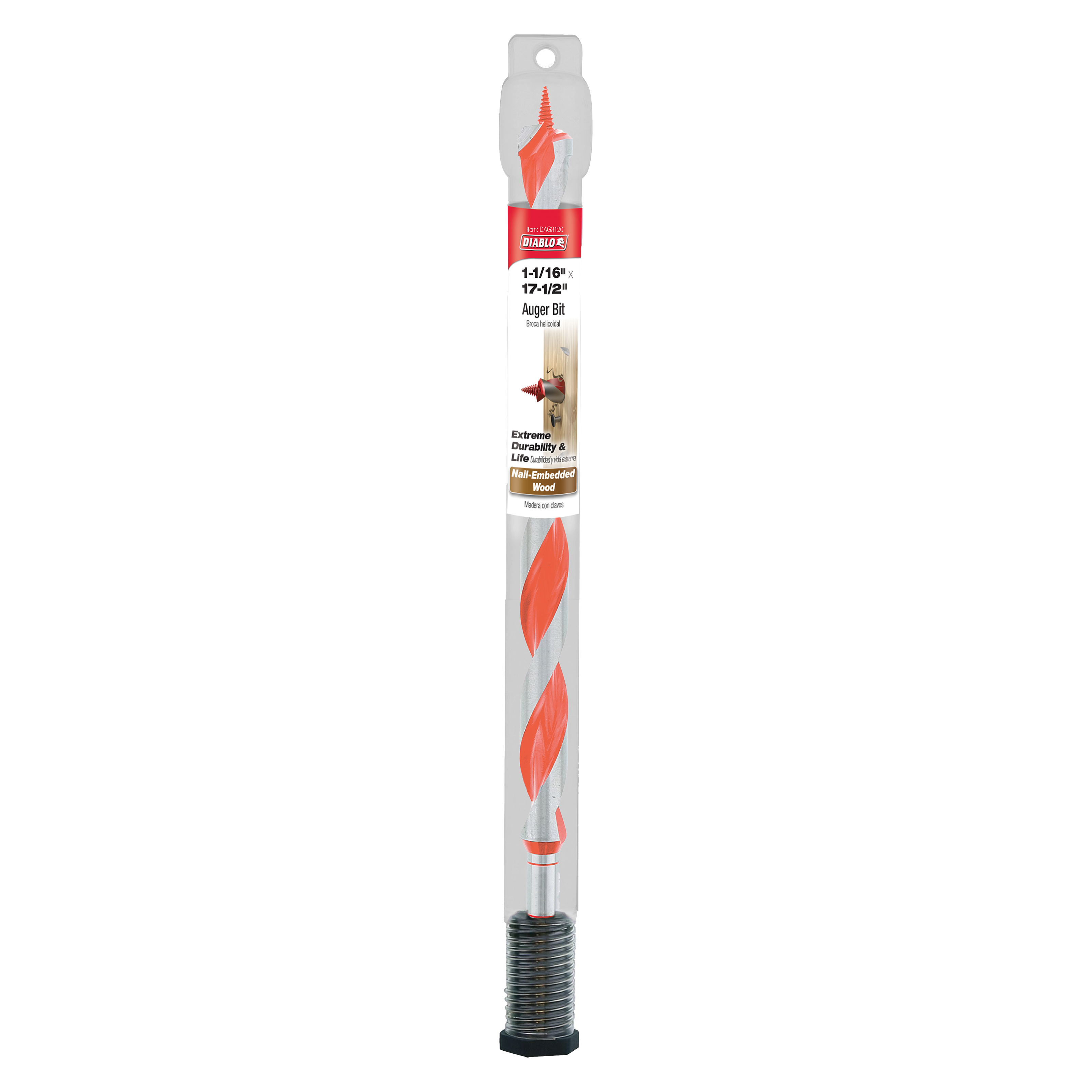 Diablo auger bit with red spiral flutes, gray shaft, threaded tip, and black grip base in clear packaging.