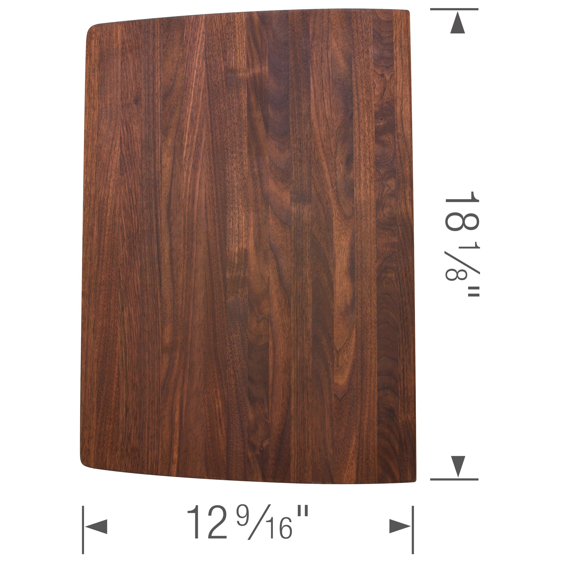 Dark wood cutting board with visible grain pattern, measuring 12 9/16 inches wide by 18 1/8 inches tall.