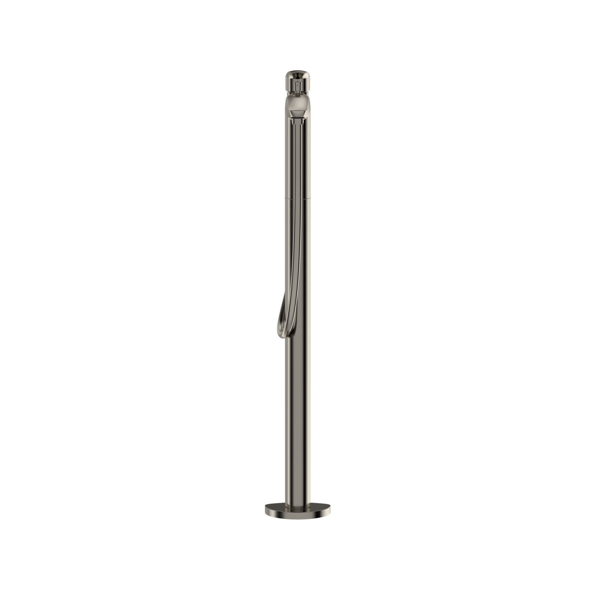 Polished nickel freestanding tub filler with single handle and coiled handshower hose attached to tall cylindrical spout.