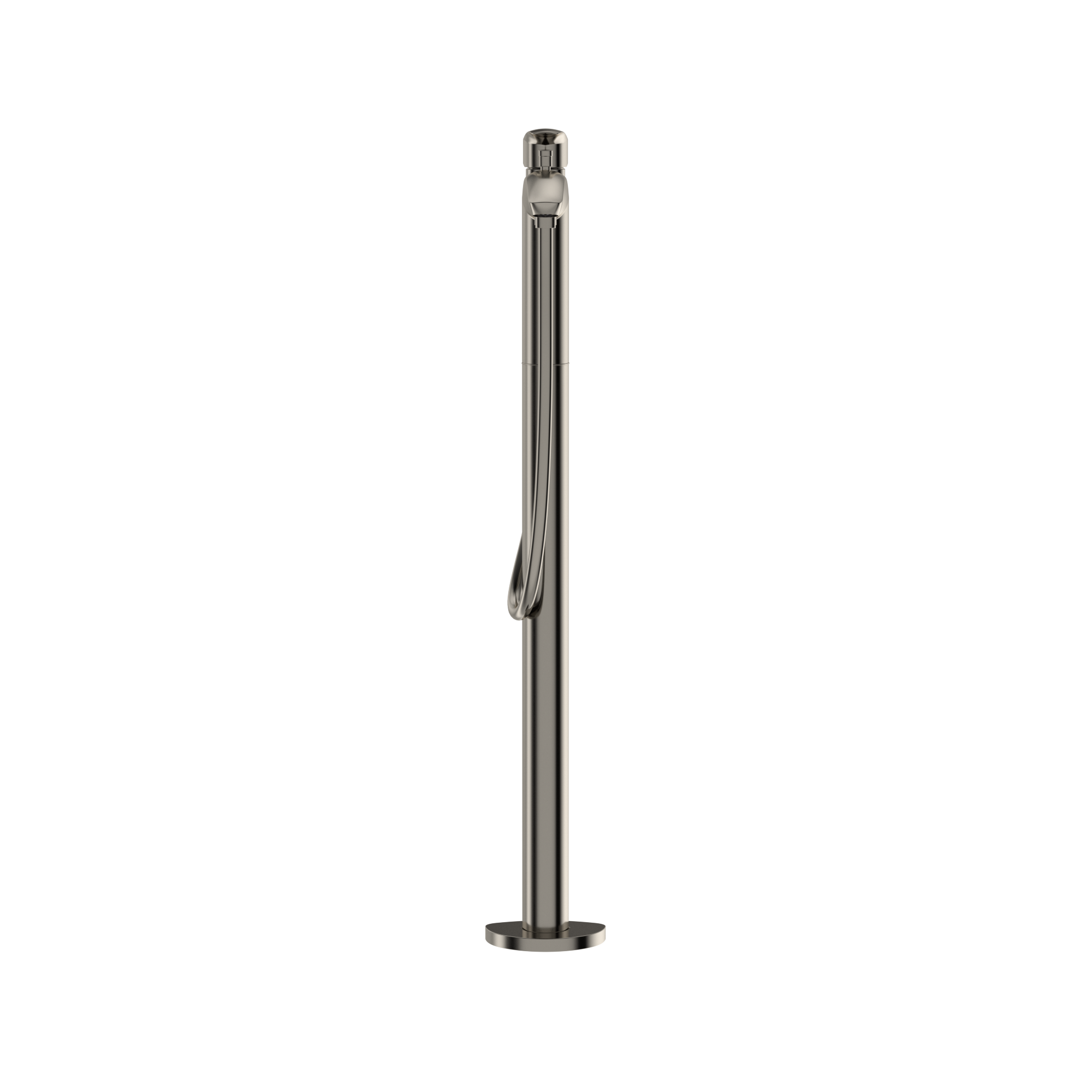 Polished nickel freestanding tub filler with single handle and coiled handshower hose attached to tall cylindrical spout.