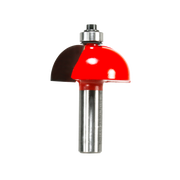 Cove router bit with red hemispherical cutting head and silver steel shank with metal collet.