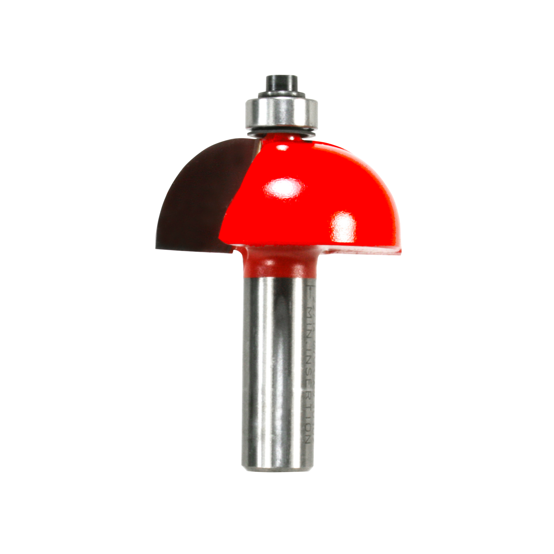 Cove router bit with red hemispherical cutting head and silver steel shank with metal collet.