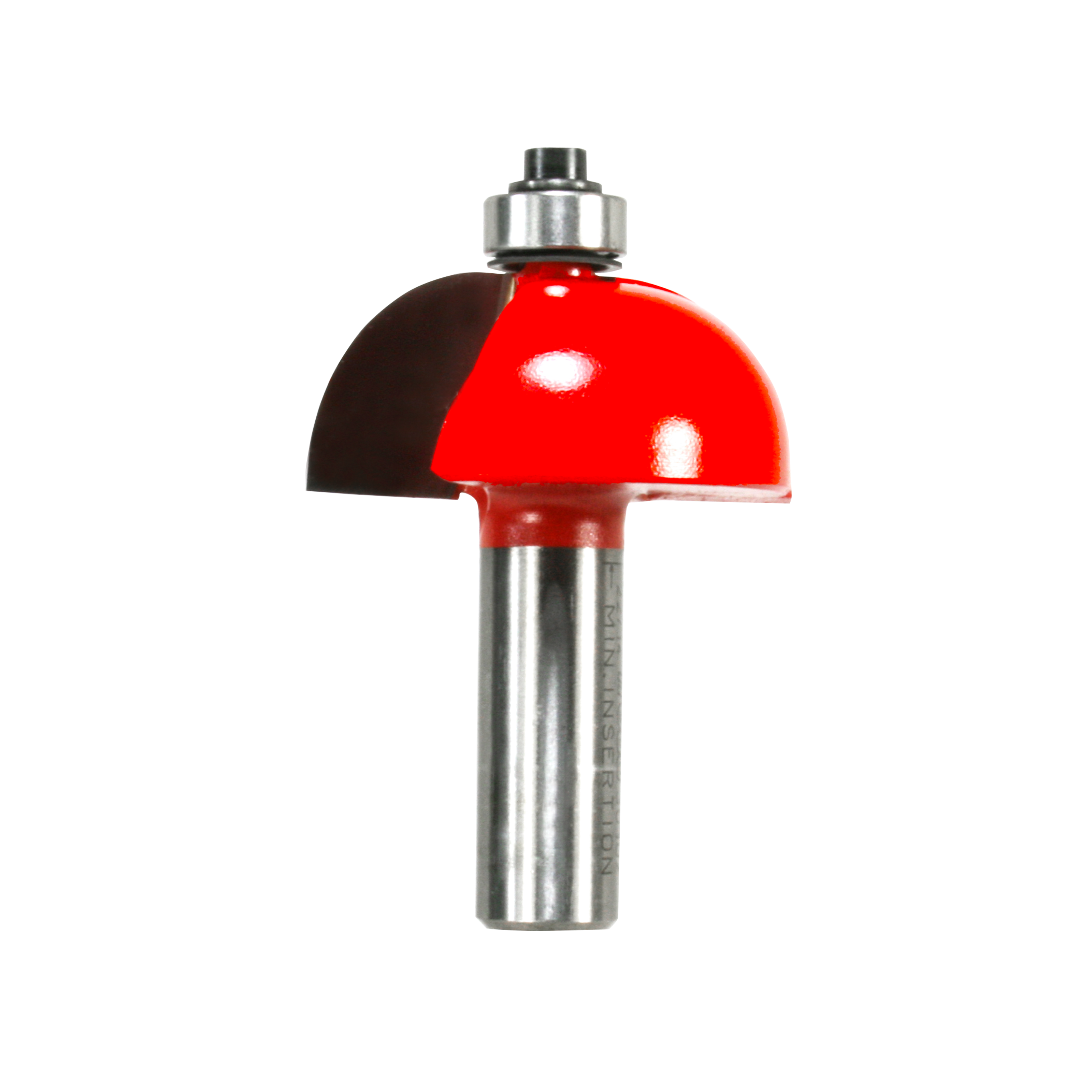 Cove router bit with red hemispherical cutting head and silver steel shank with metal collet.