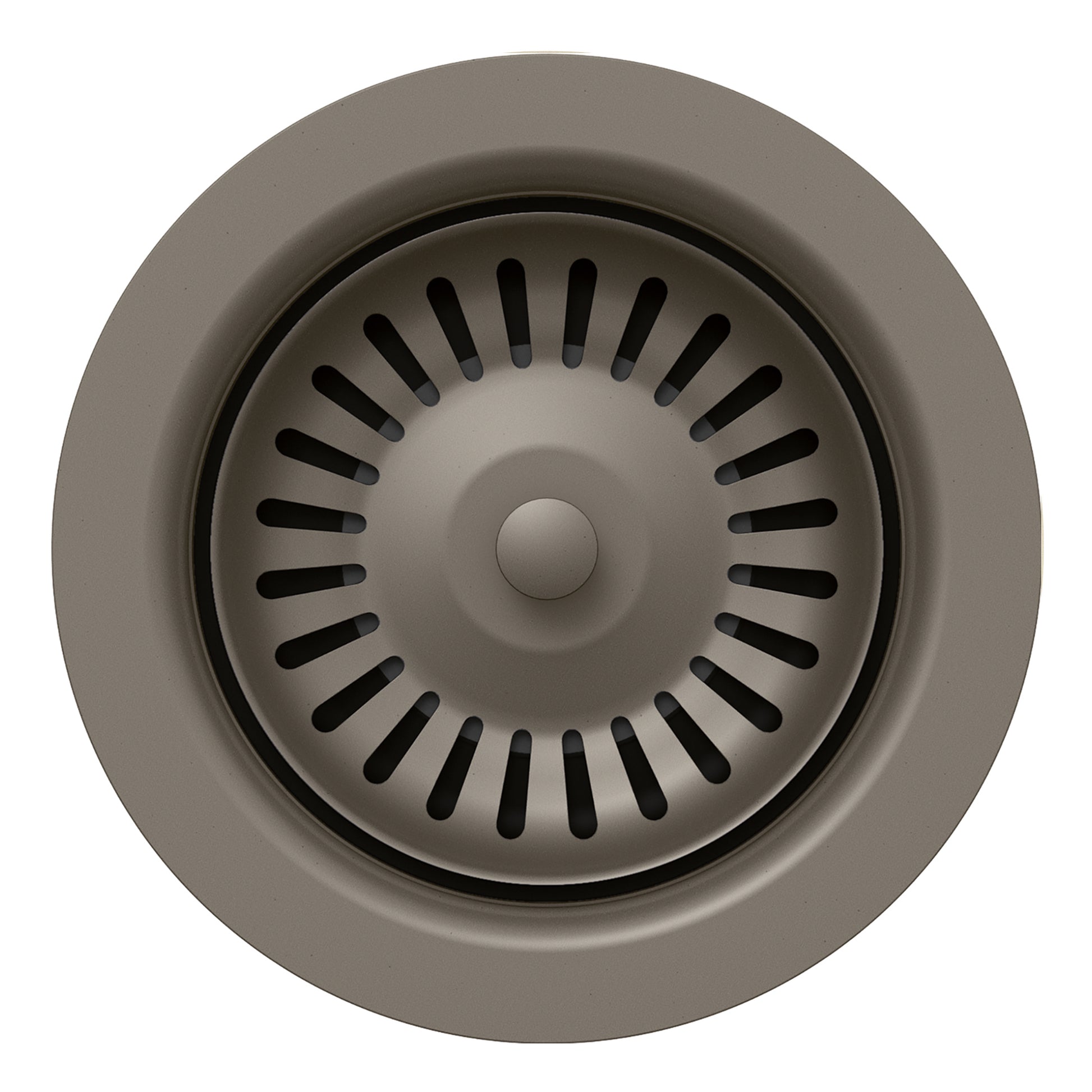 Volcano gray metal basket strainer with circular perforated basin and center post, viewed from above.