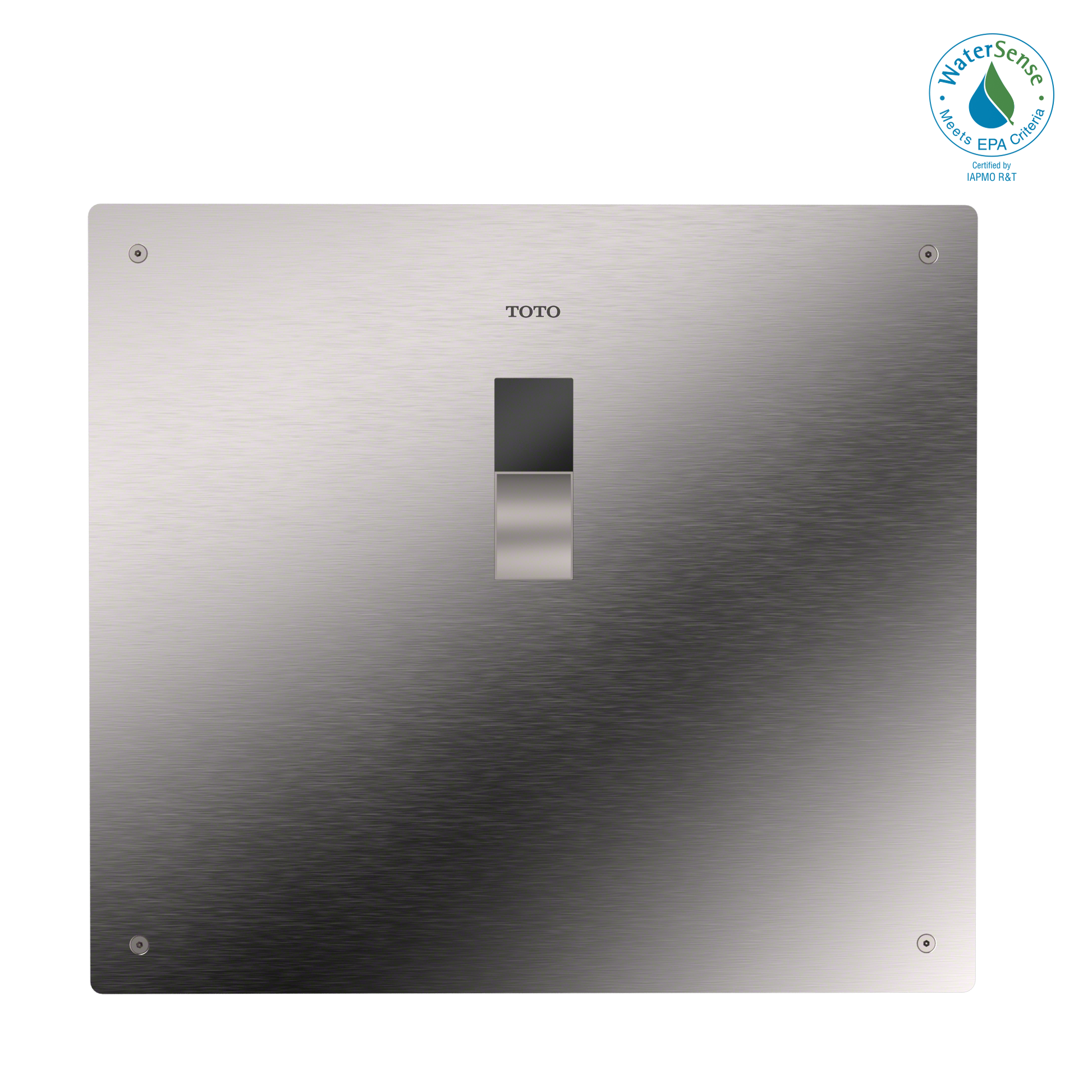 Brushed stainless steel cover plate with TOTO branding and centered touchless sensor opening.
