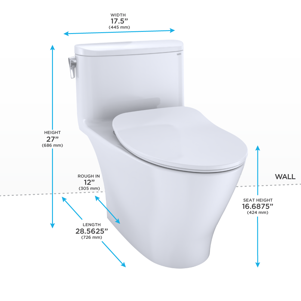 White elongated one-piece toilet with soft-close seat and integrated bidet features, dimensions labeled.