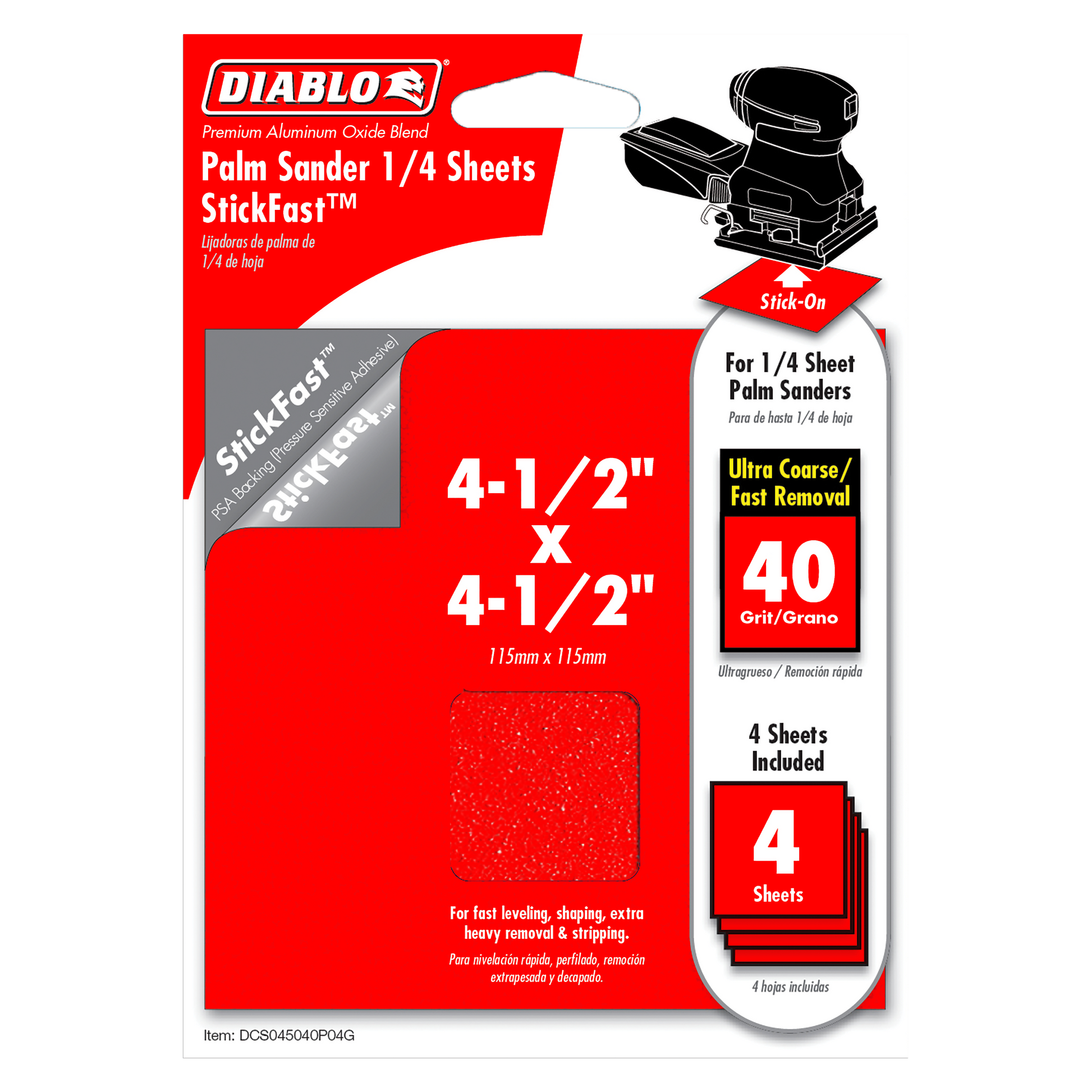Four 4-1/2 inch square StickFast palm sander sheets, 40 grit, in red packaging with product details and palm sander tool imag