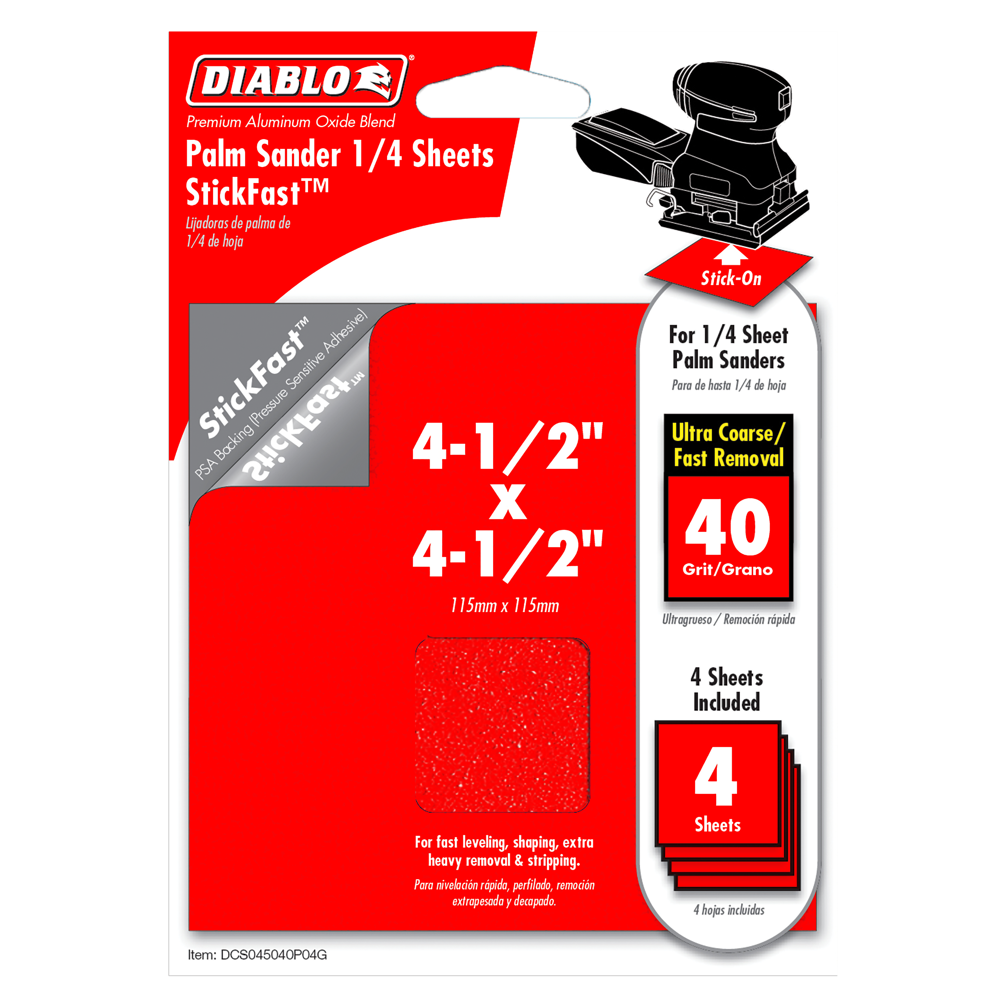 Four 4-1/2 inch square StickFast palm sander sheets, 40 grit, in red packaging with product details and palm sander tool imag