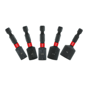 Five black magnetic nut setters with red bands in sizes 1/4, 3/8, 5/16, 7/16, and 1/2 inch.