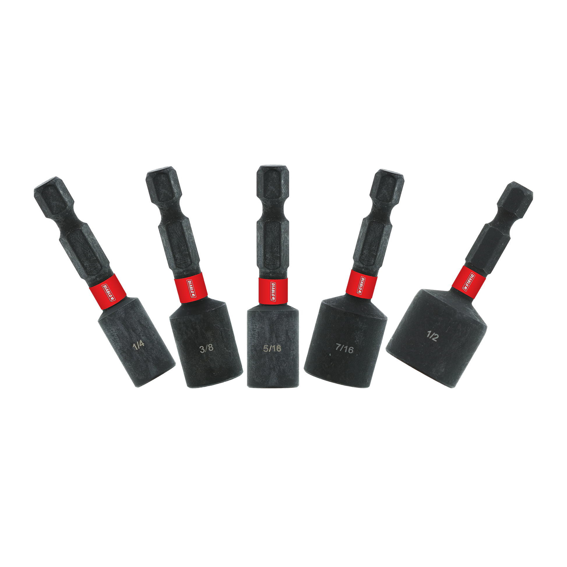 Five black magnetic nut setters with red bands in sizes 1/4, 3/8, 5/16, 7/16, and 1/2 inch.