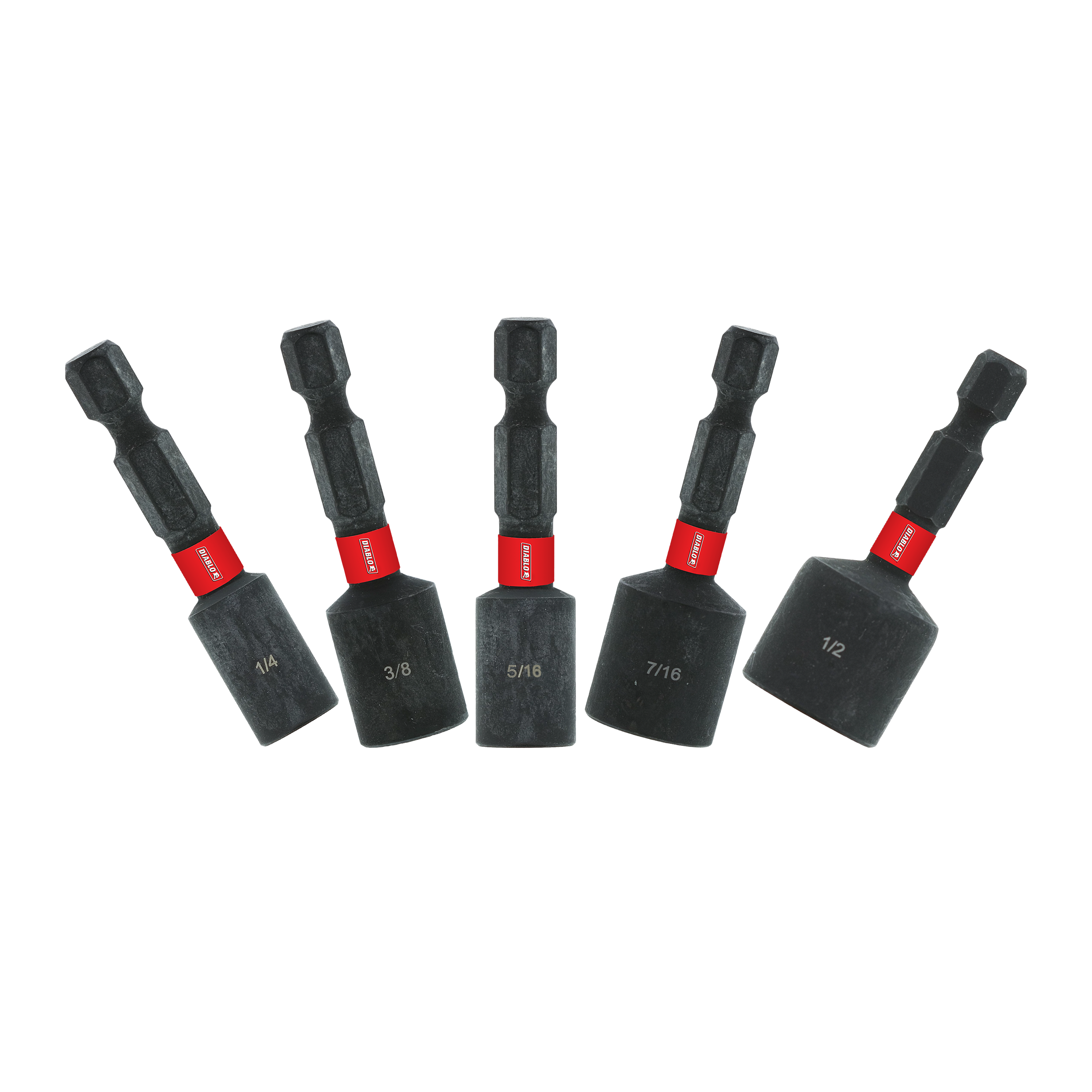 Five black magnetic nut setters with red bands in sizes 1/4, 3/8, 5/16, 7/16, and 1/2 inch.