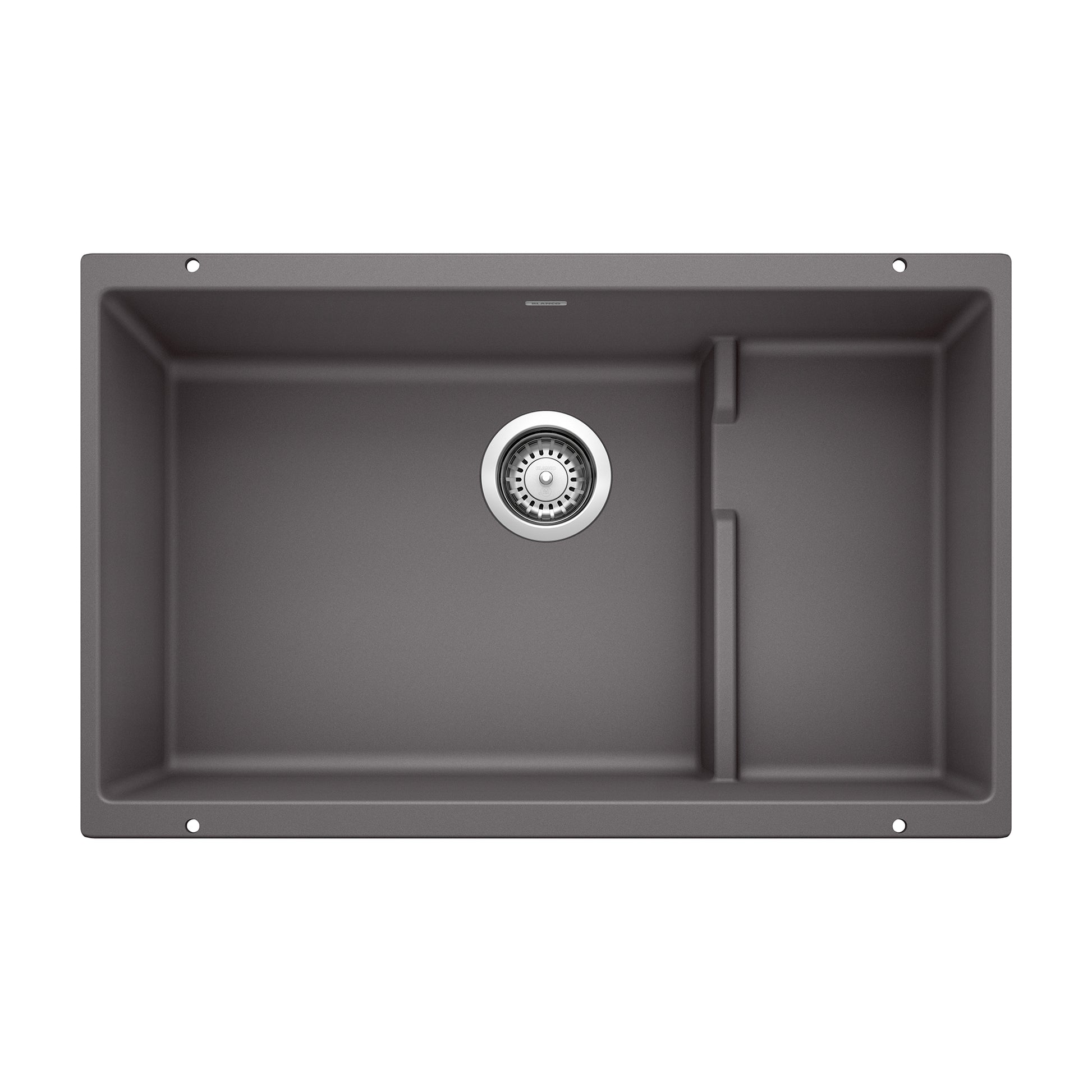 Cinder gray undermount kitchen sink with single large basin, smaller side compartment, and chrome drain strainer.