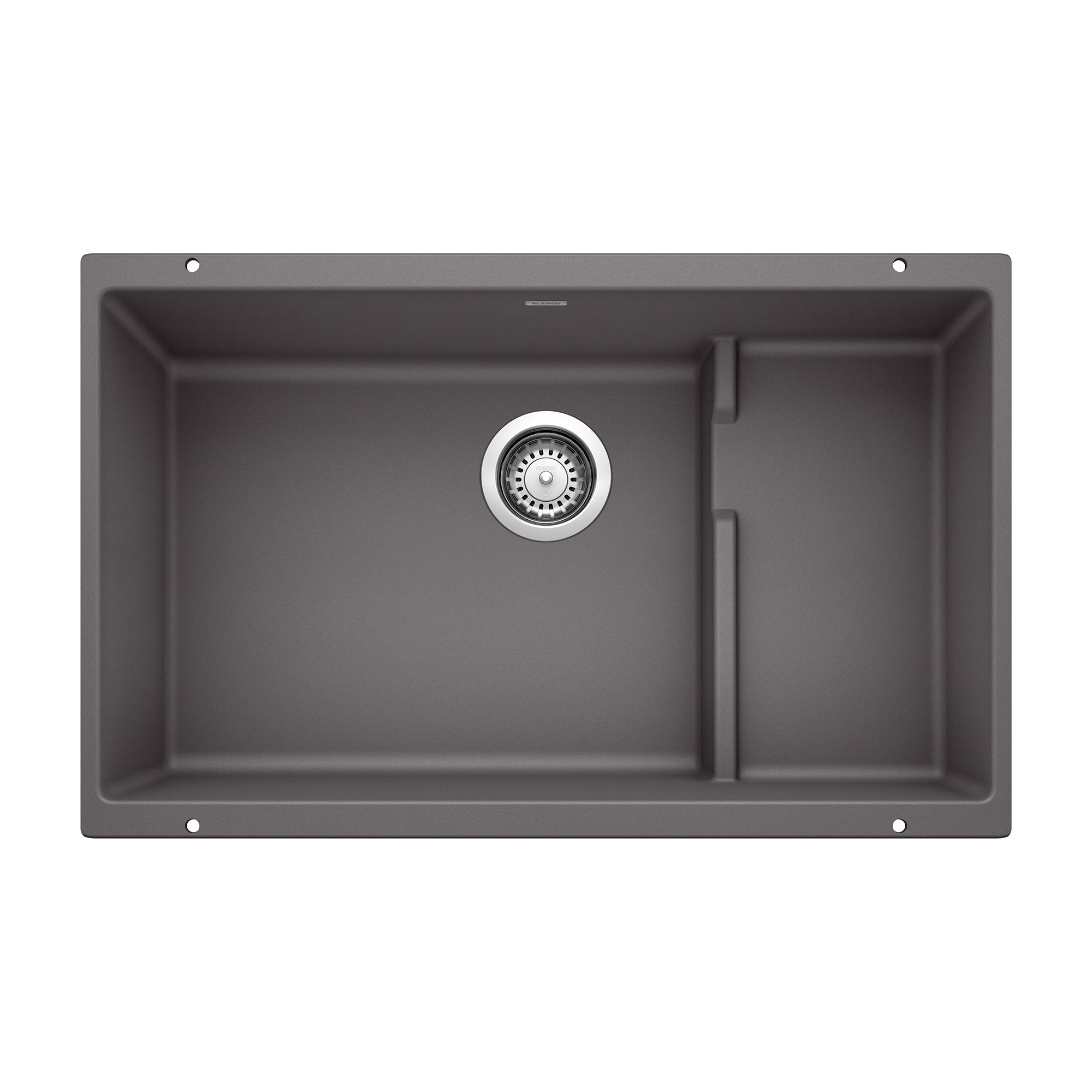 Cinder gray undermount kitchen sink with single large basin, smaller side compartment, and chrome drain strainer.