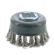 Stainless steel knot cup brush with dark gray plastic base and X-LOCK mounting system, 2-3/4 inches in diameter.