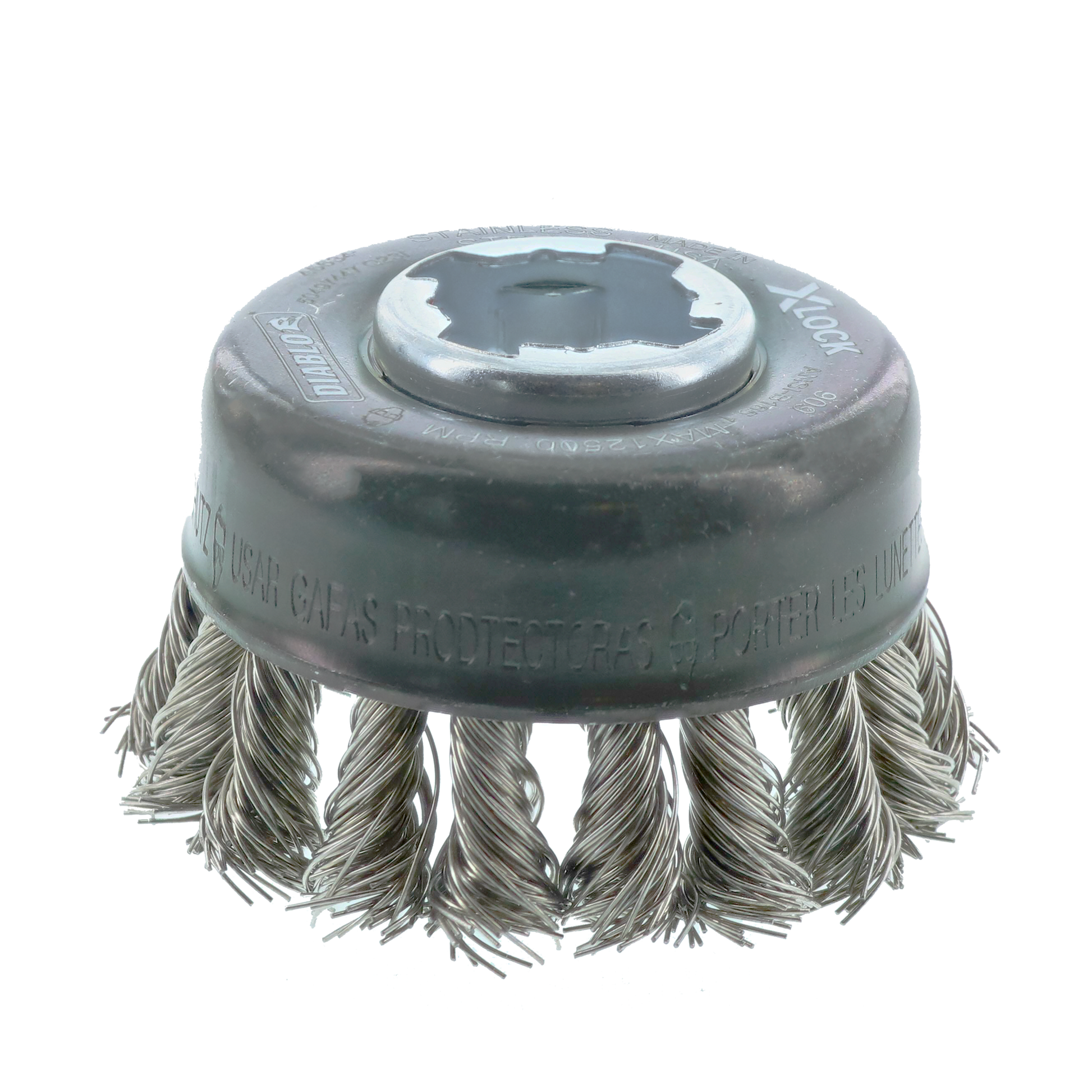 Stainless steel knot cup brush with dark gray plastic base and X-LOCK mounting system, 2-3/4 inches in diameter.