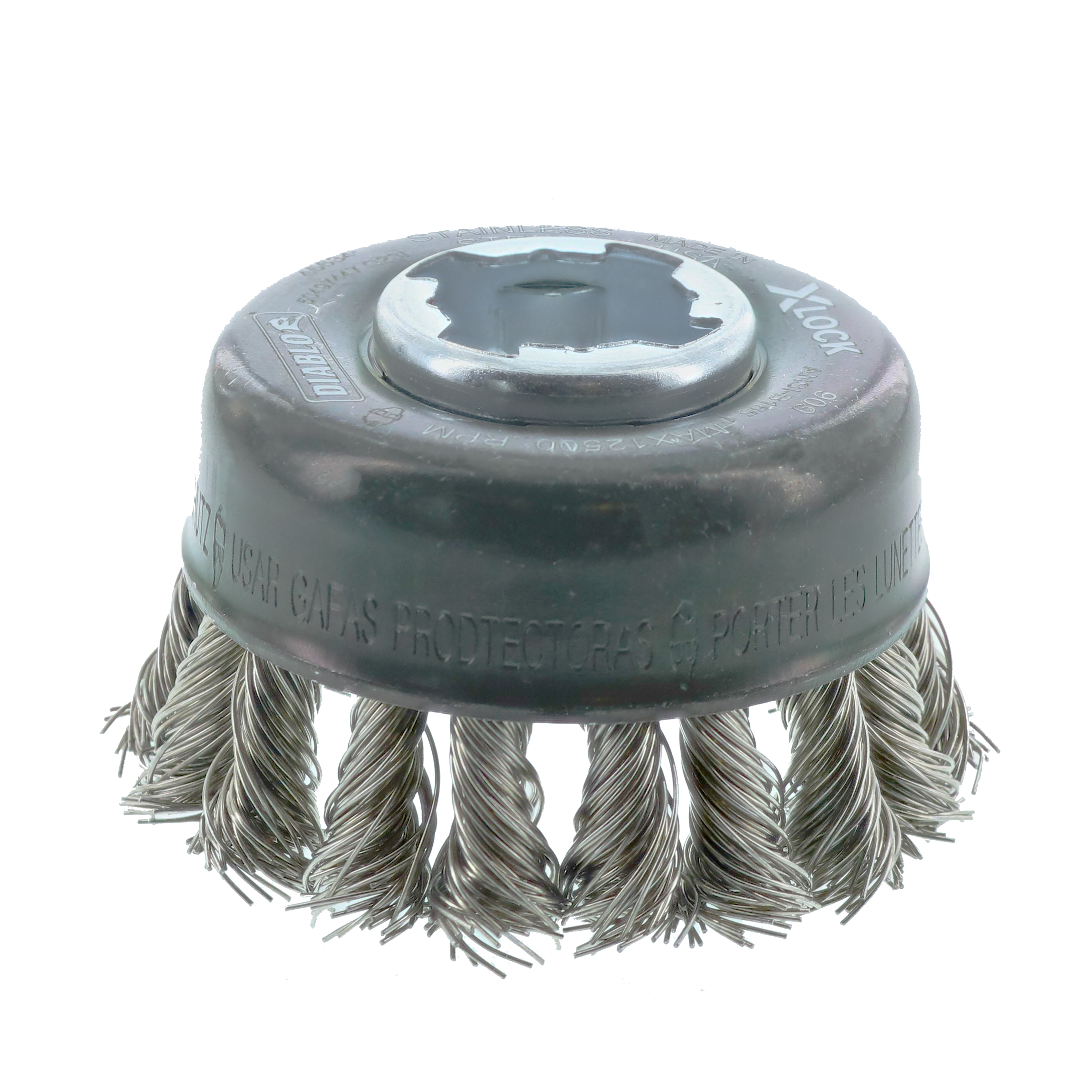 Stainless steel knot cup brush with dark gray plastic base and X-LOCK mounting system, 2-3/4 inches in diameter.